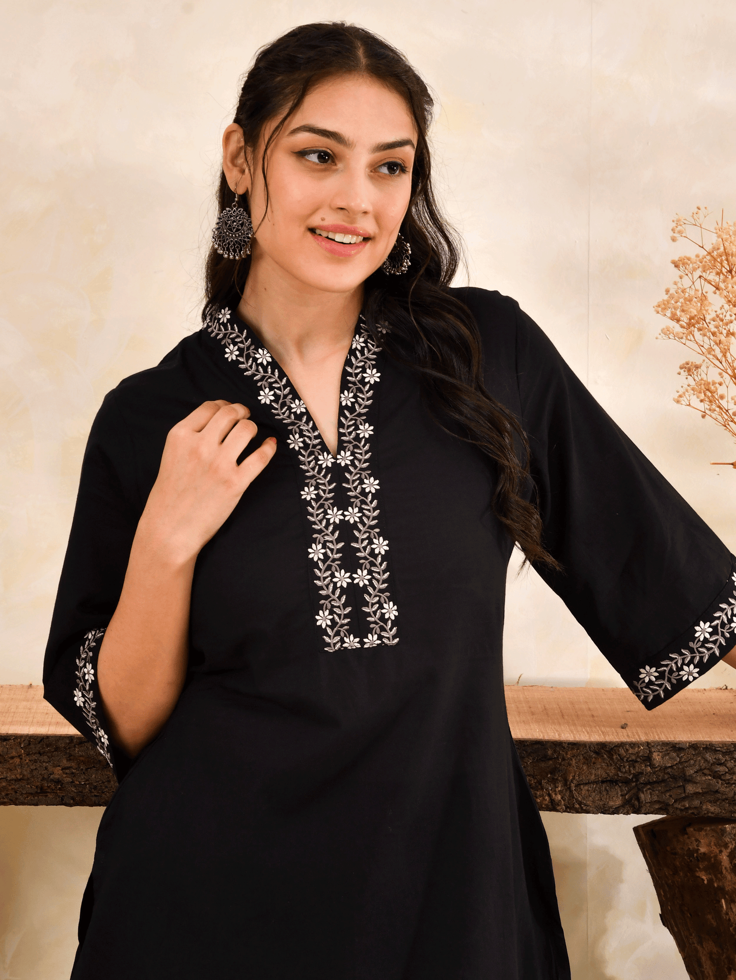 Embroidered Soft Cotton Solid A-line Black Kurta