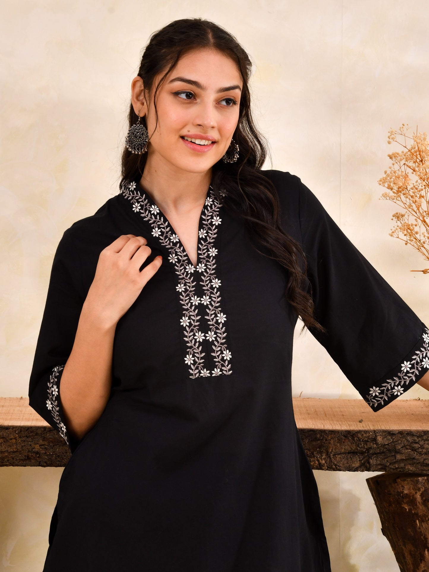 Embroidered Soft Cotton Solid A-line Black Kurta