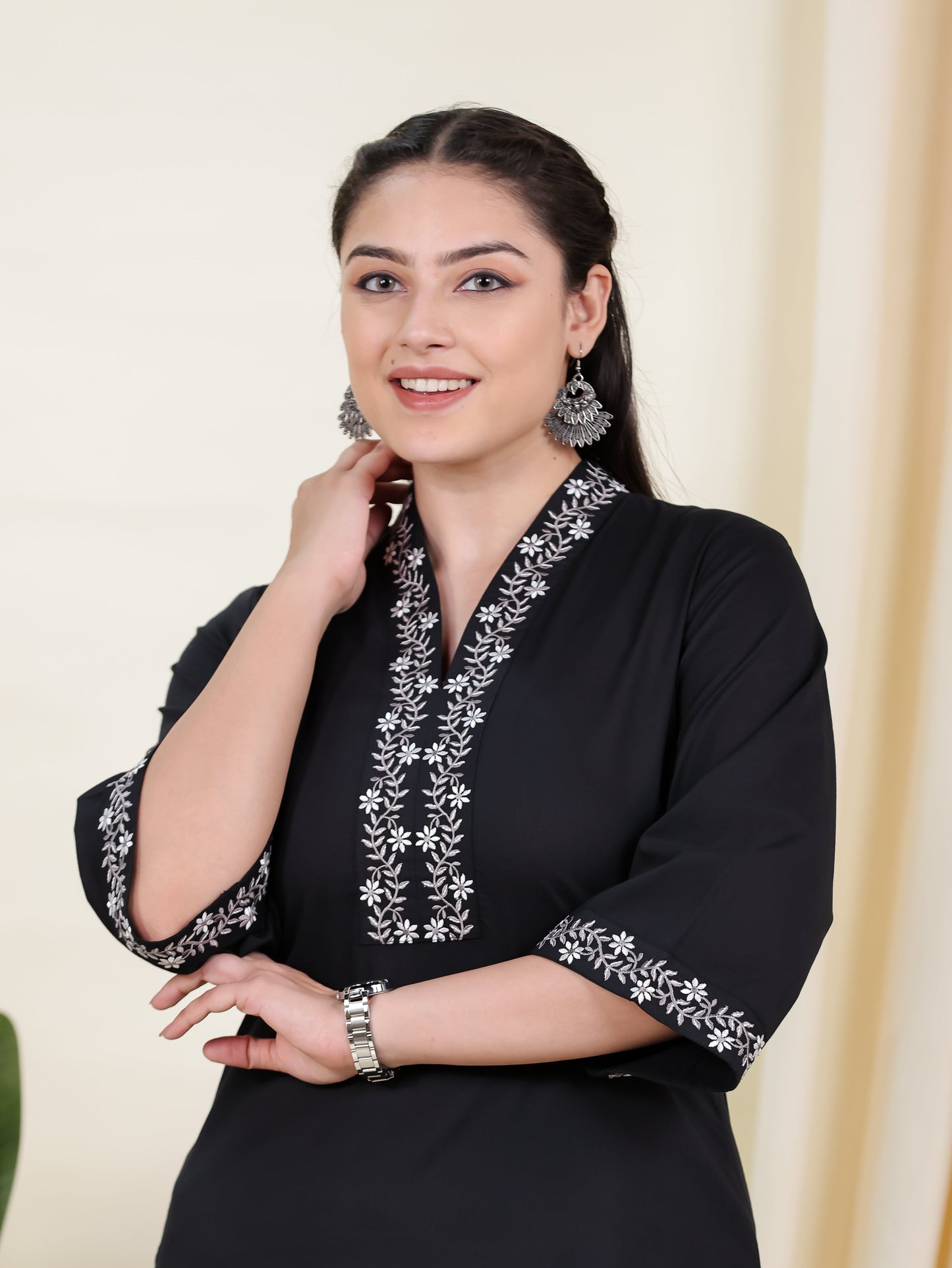 Embroidered Soft Cotton Solid A-line Black Kurta