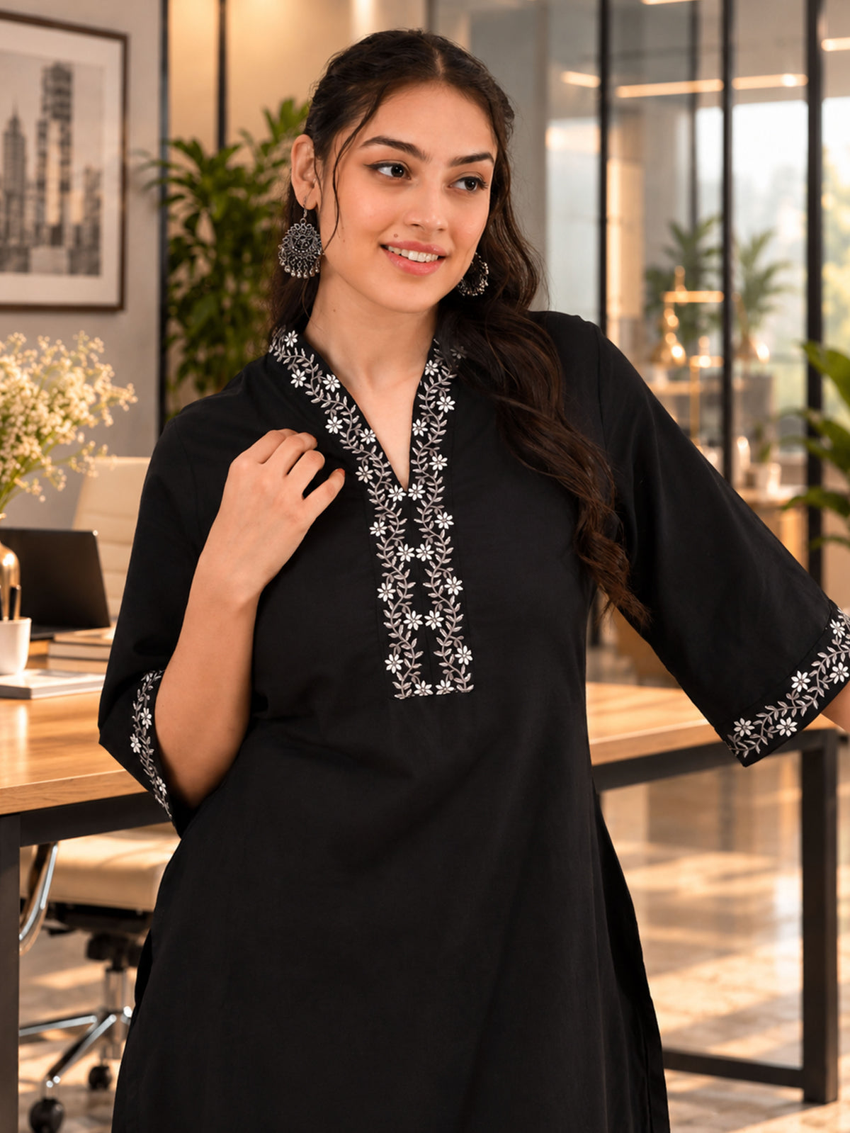 Embroidered Soft Cotton Solid A-line Black Kurta
