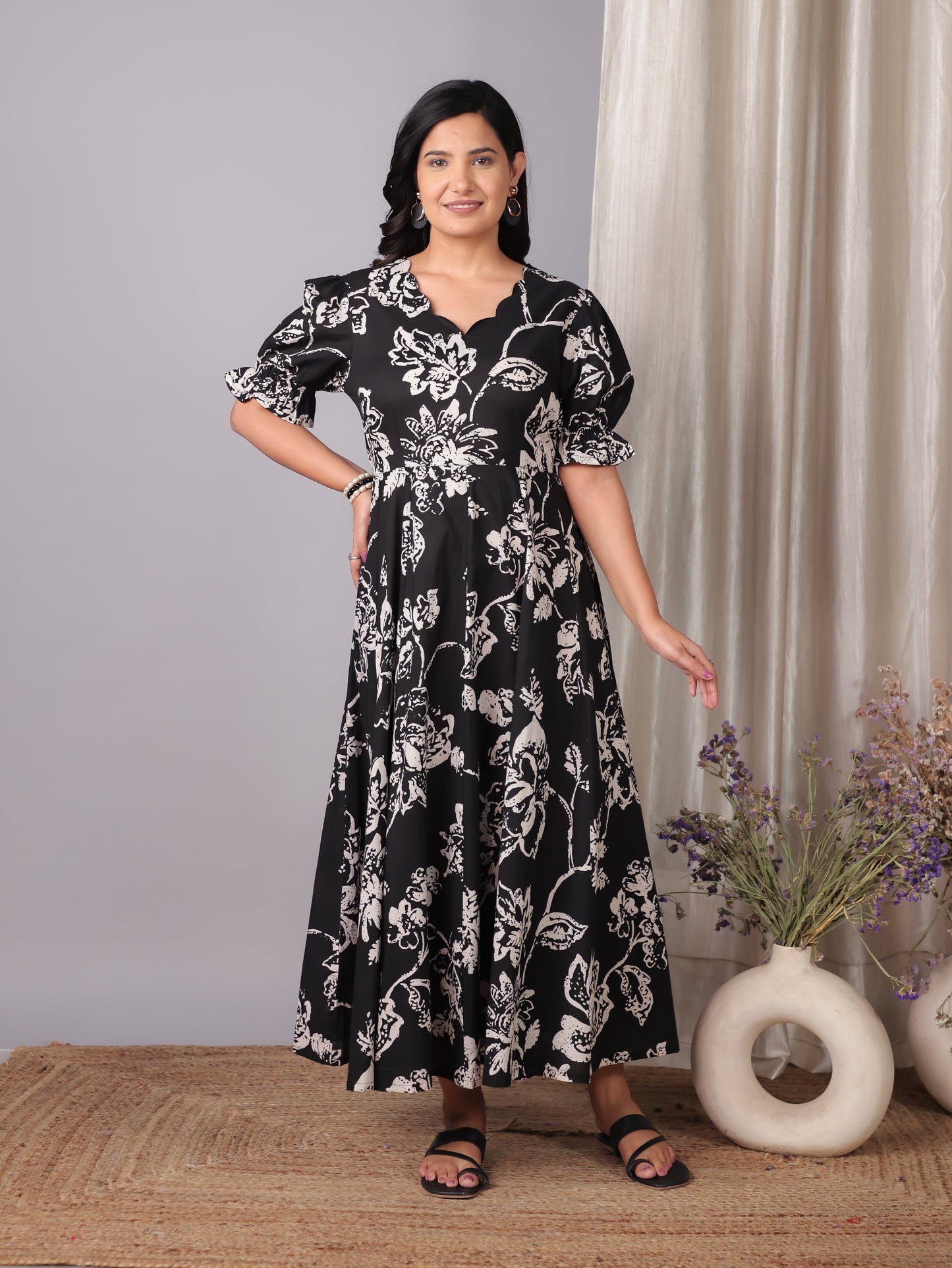 Soft Cotton Floral Flared Black Dress