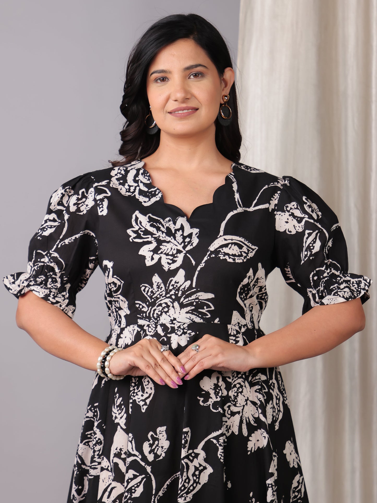 Soft Cotton Floral Flared Black Dress