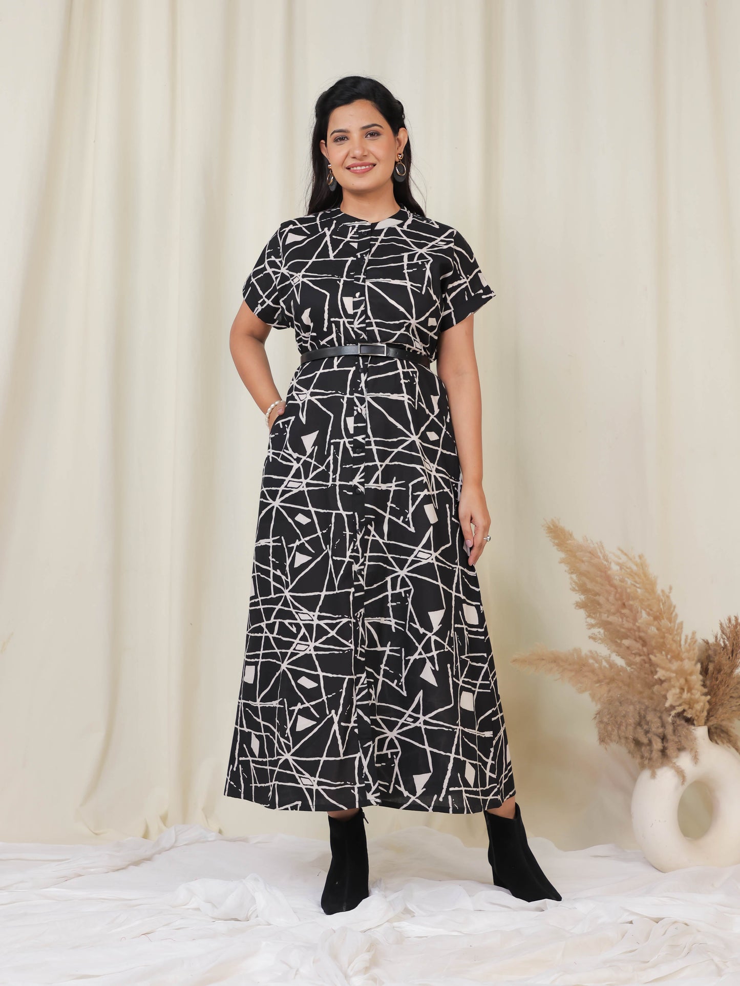 Soft Cotton Abstract A-line Black Dress