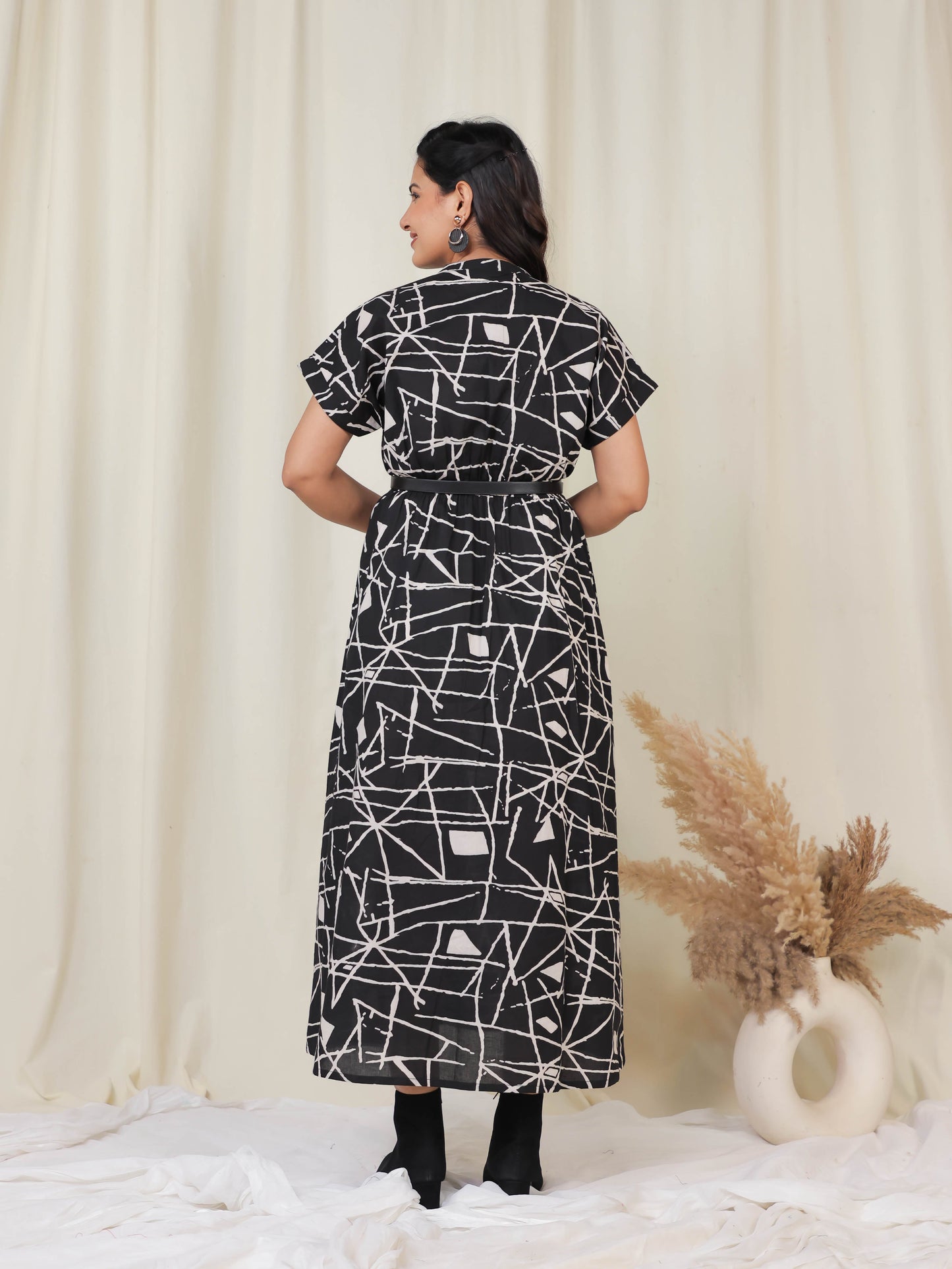Soft Cotton Abstract A-line Black Dress