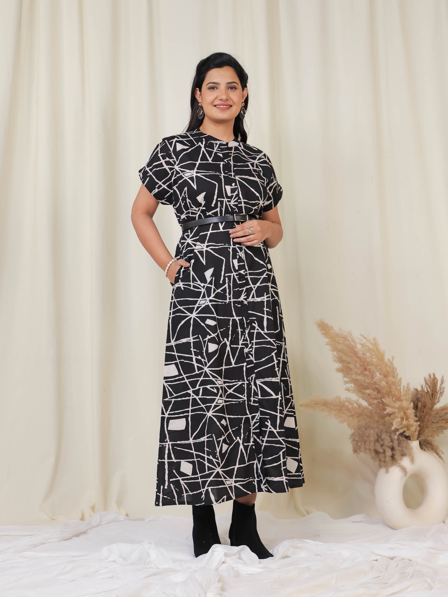 Soft Cotton Abstract A-line Black Dress