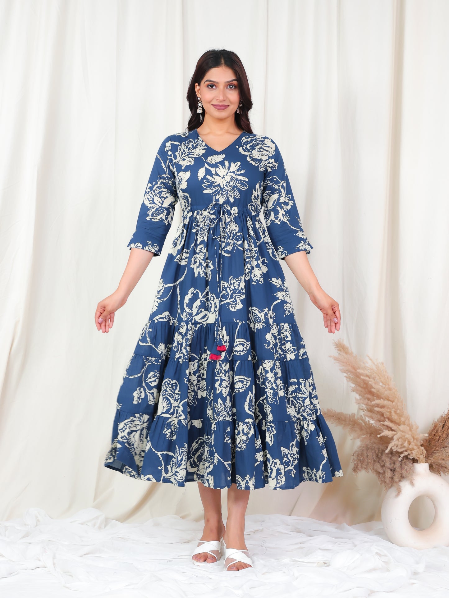 Soft Cotton Floral A-line Blue Dress