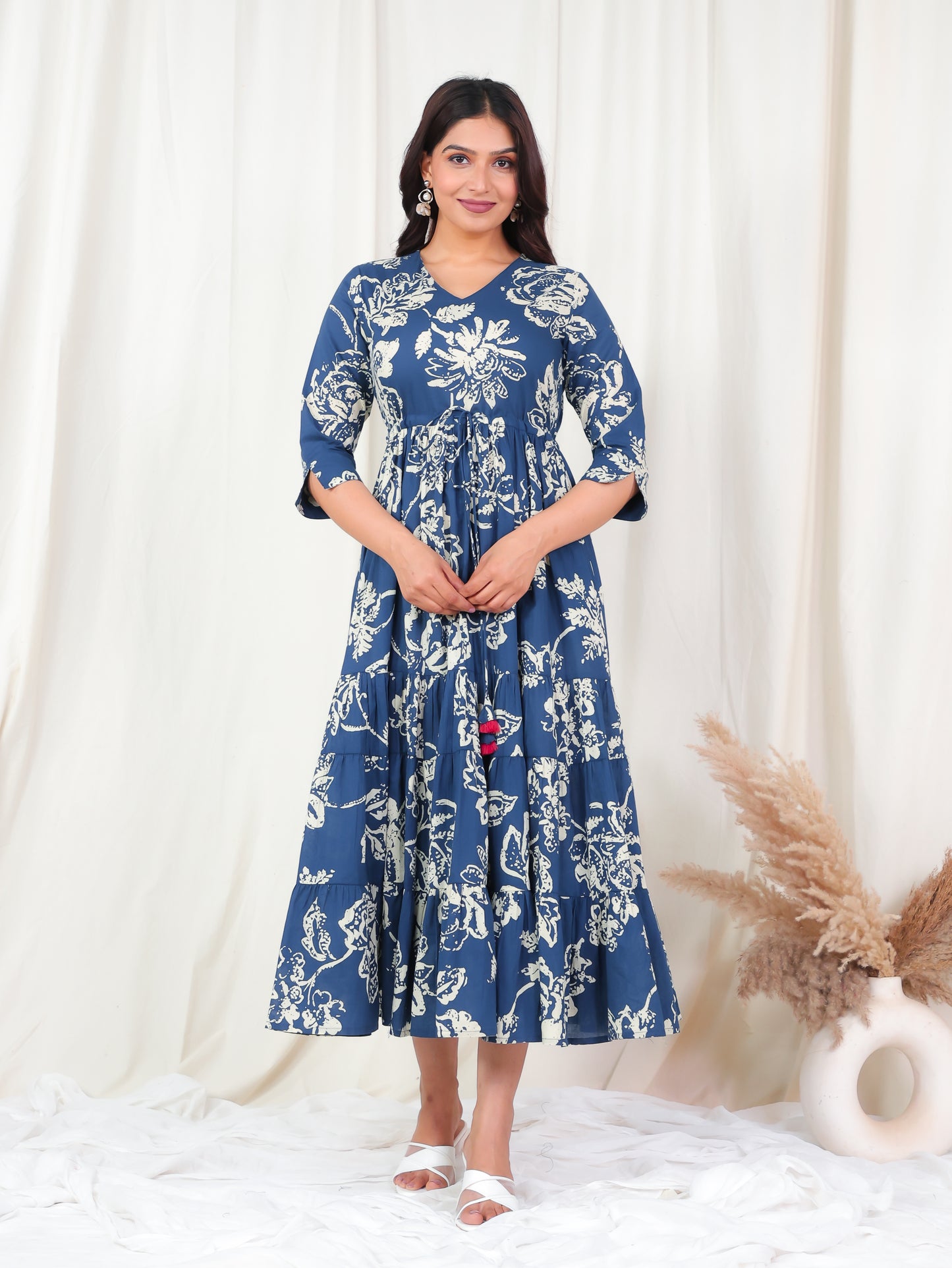 Soft Cotton Floral A-line Blue Dress