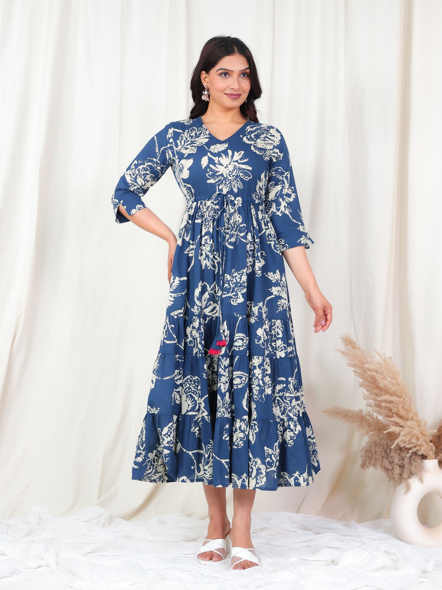 Soft Cotton Floral A-line Blue Dress