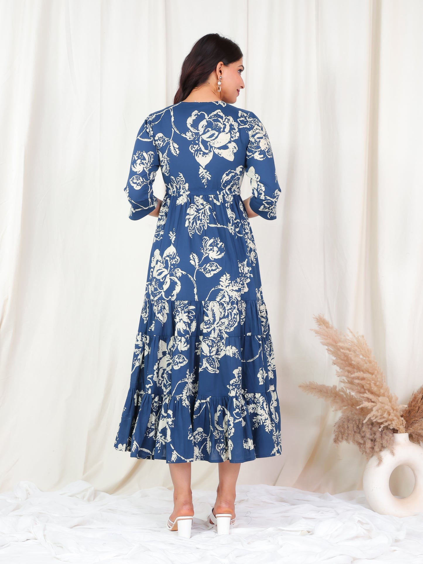 Soft Cotton Floral A-line Blue Dress