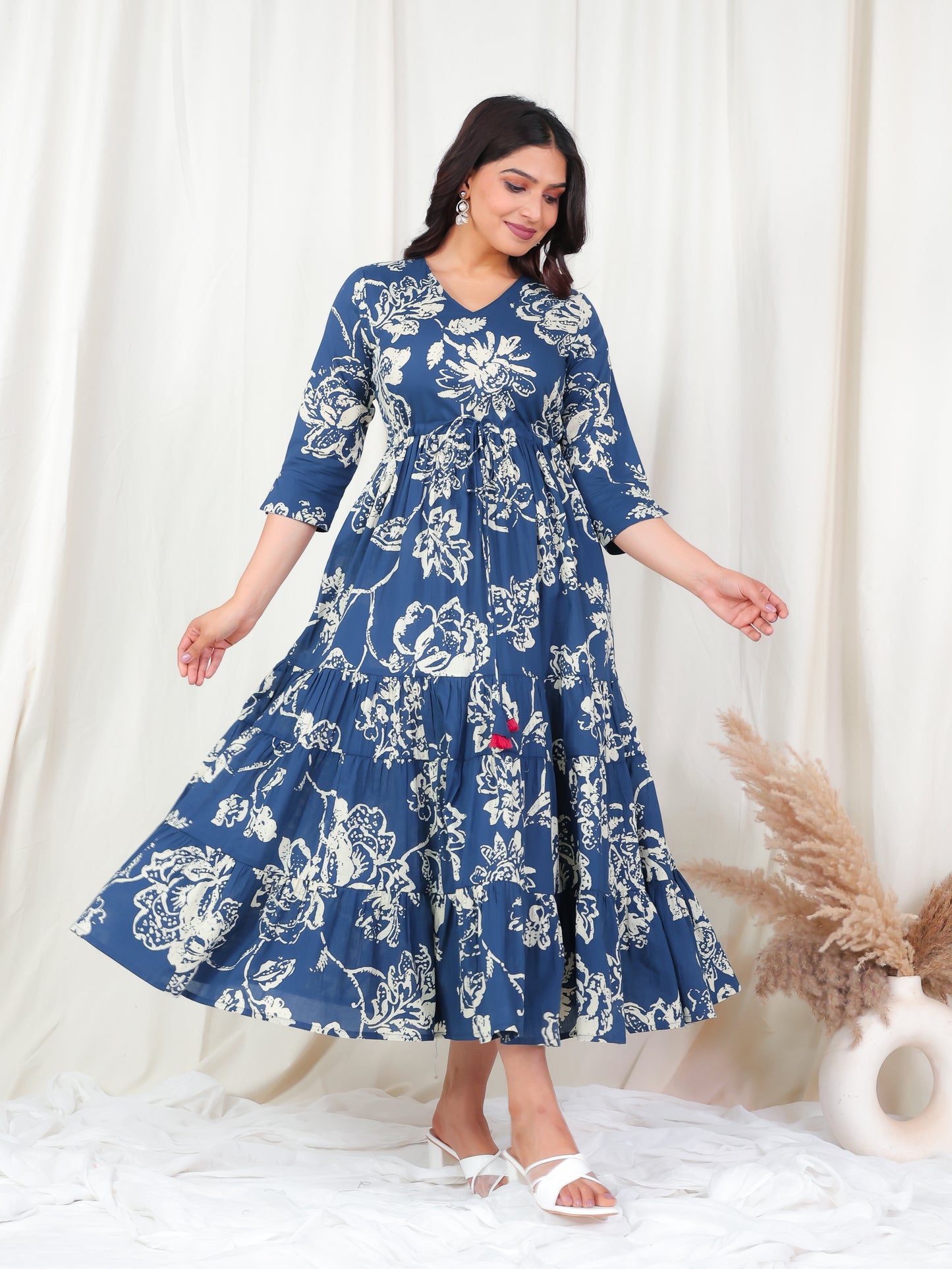 Soft Cotton Floral A-line Blue Dress