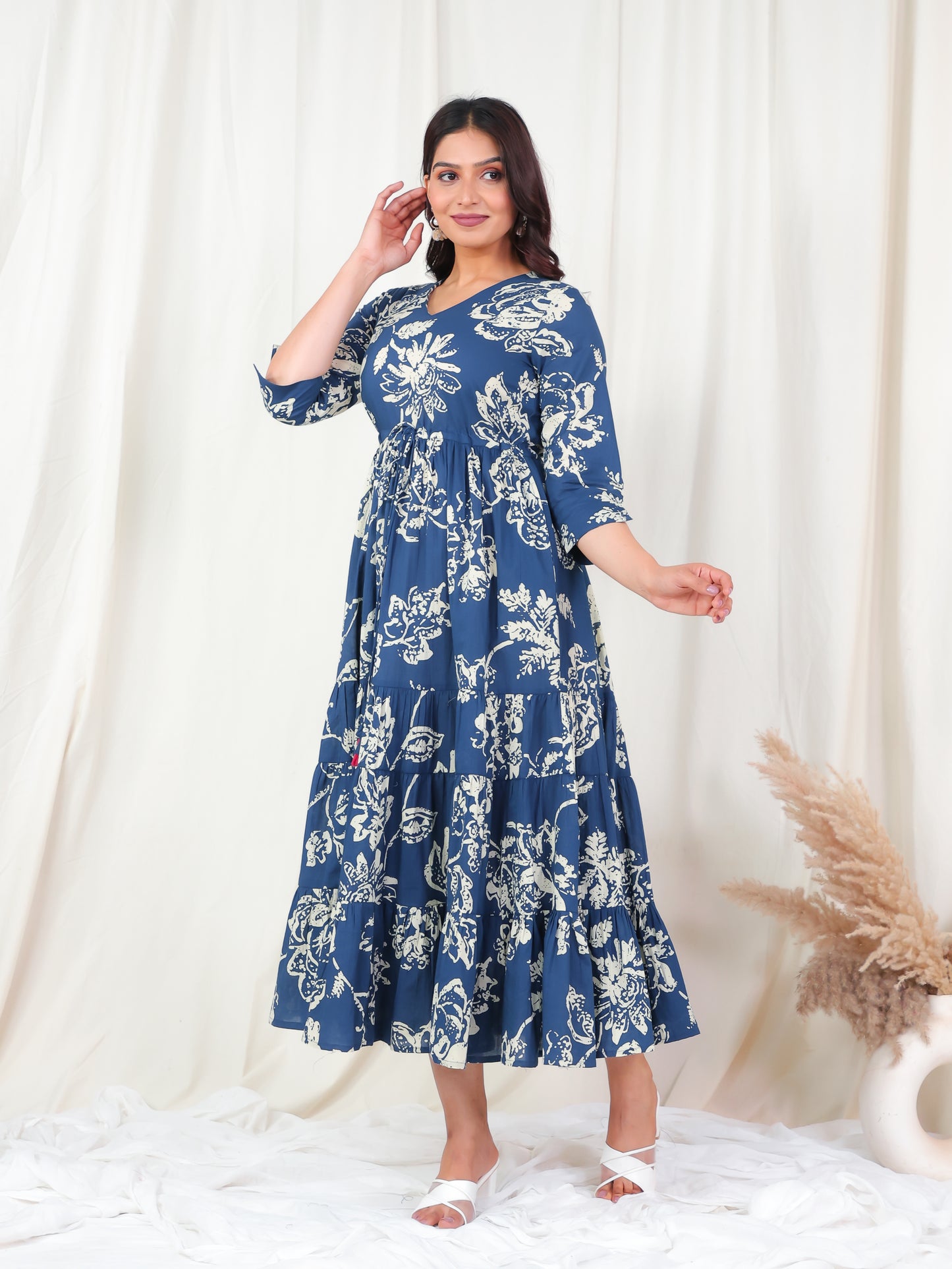 Soft Cotton Floral A-line Blue Dress
