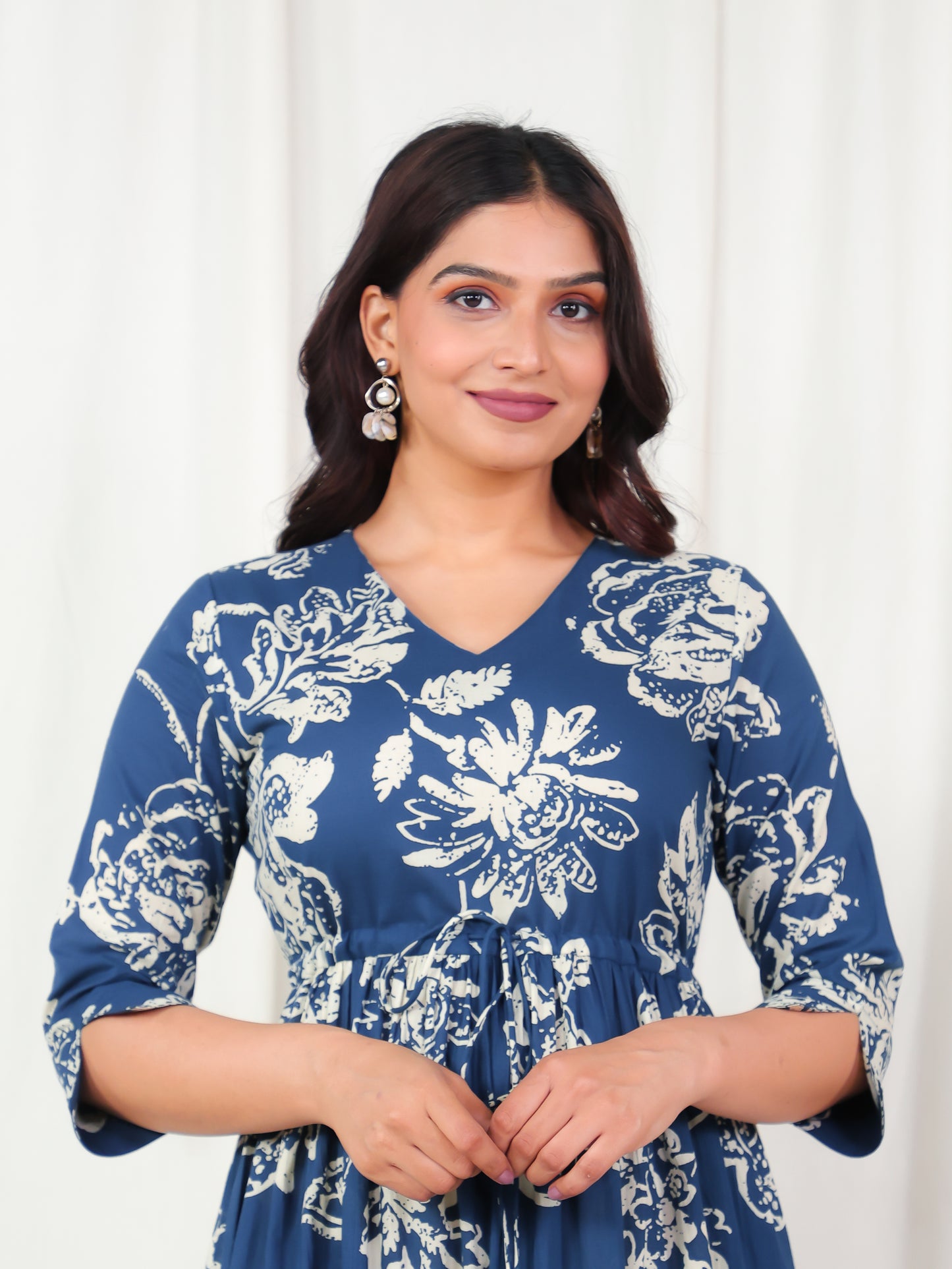 Soft Cotton Floral A-line Blue Dress