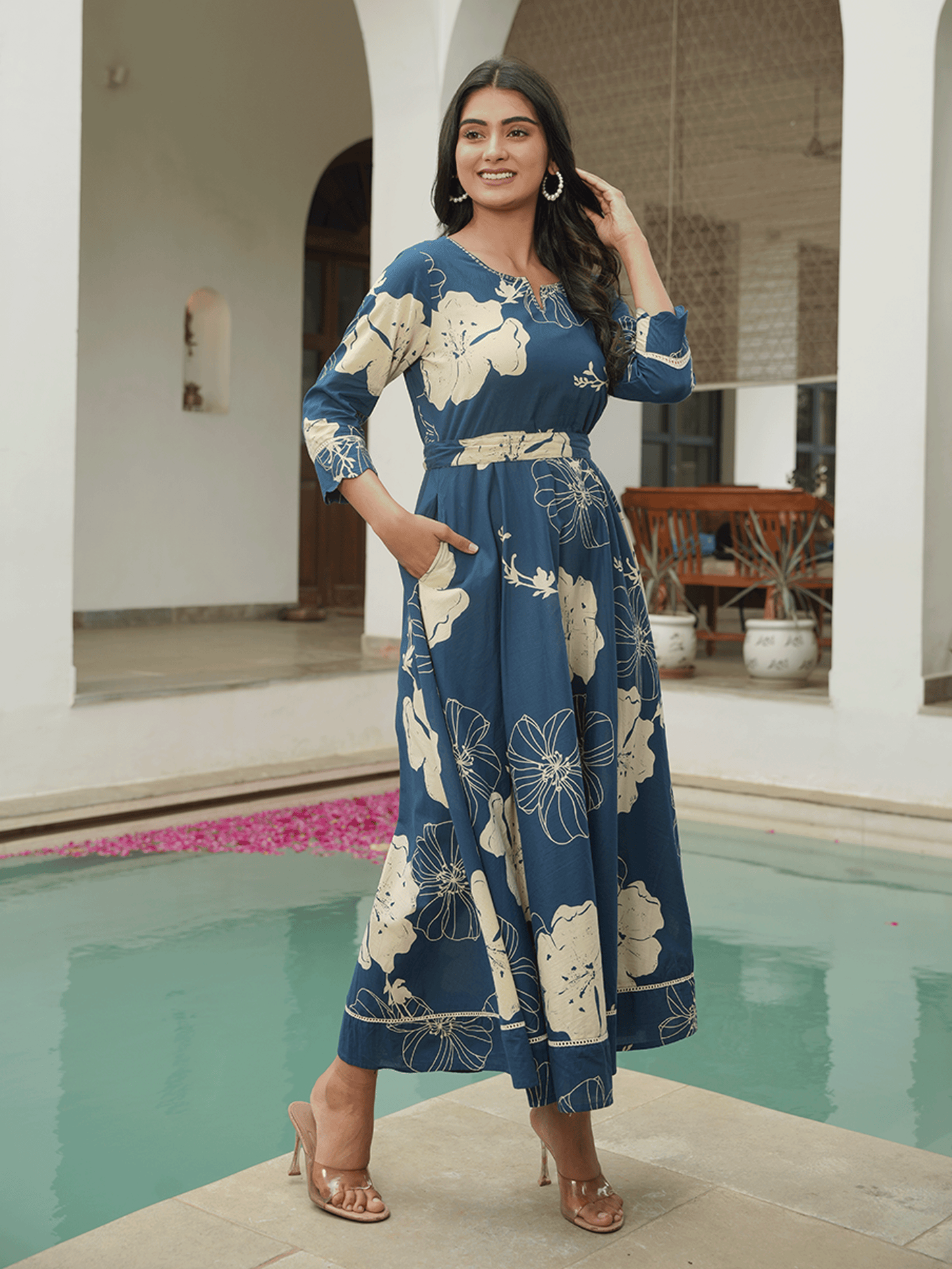Embroidered Soft Cotton Floral Anarkali Blue Dress (With Belt)
