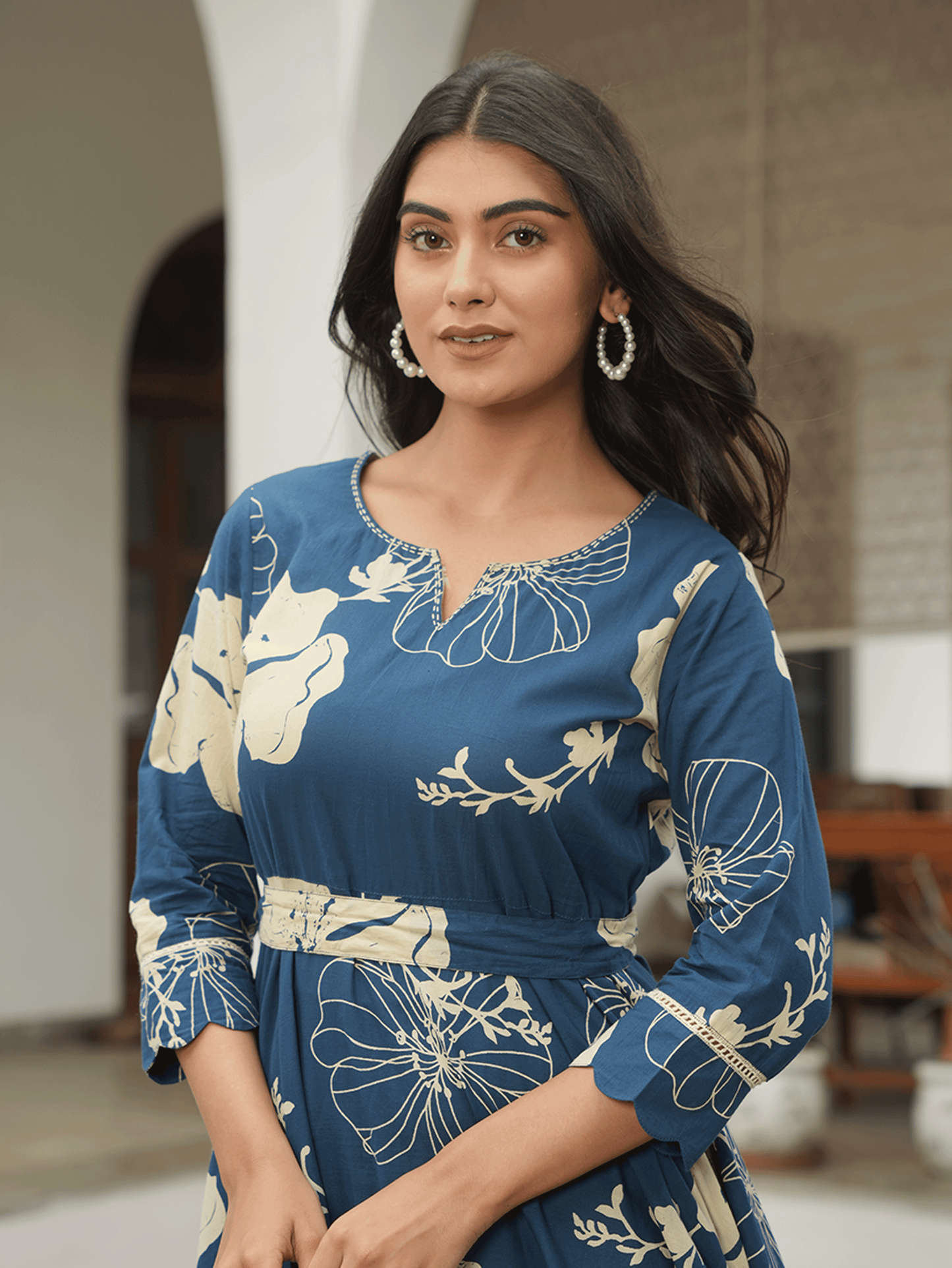 Embroidered Soft Cotton Floral Anarkali Blue Dress (With Belt)