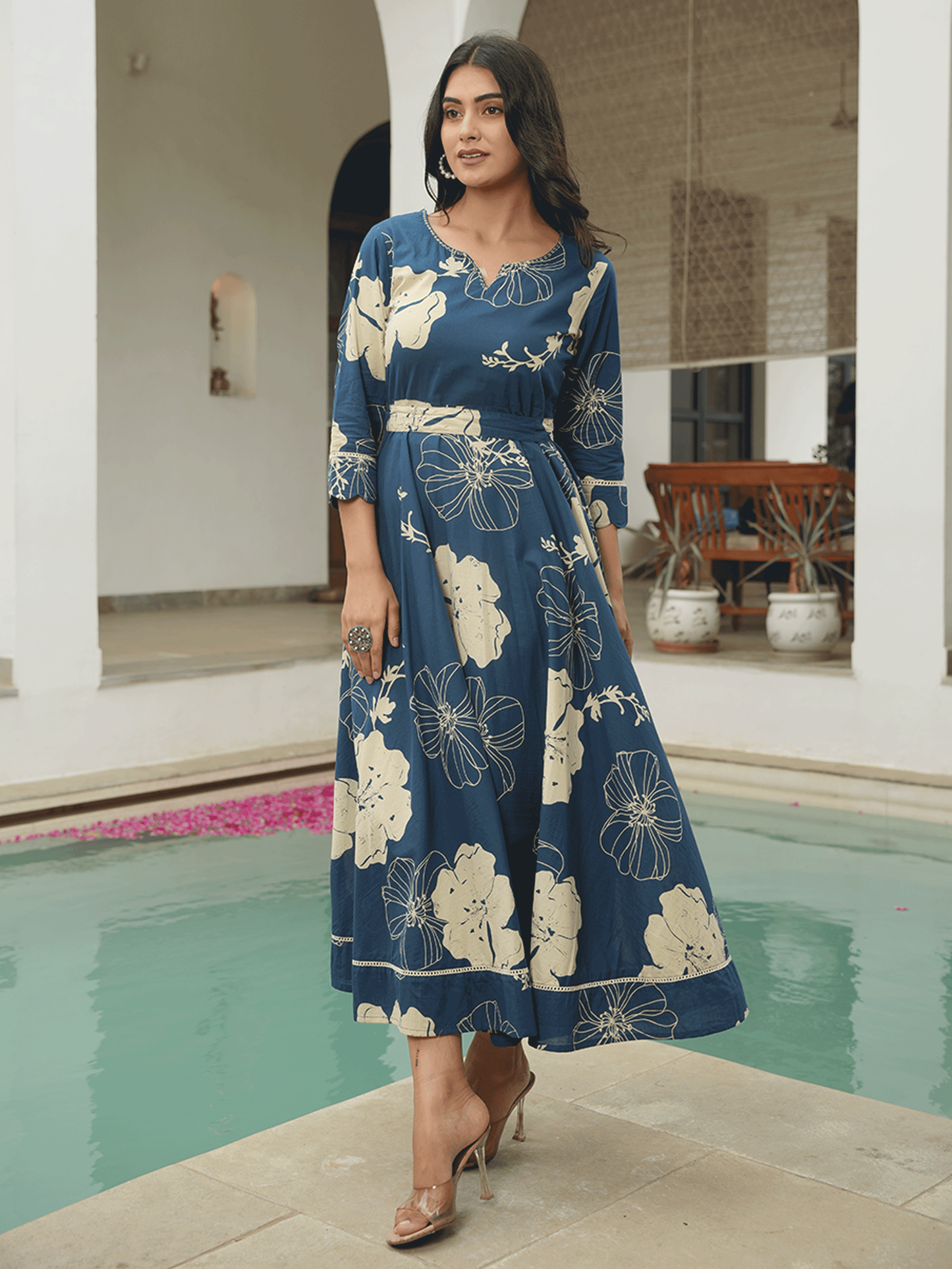 Embroidered Soft Cotton Floral Anarkali Blue Dress (With Belt)