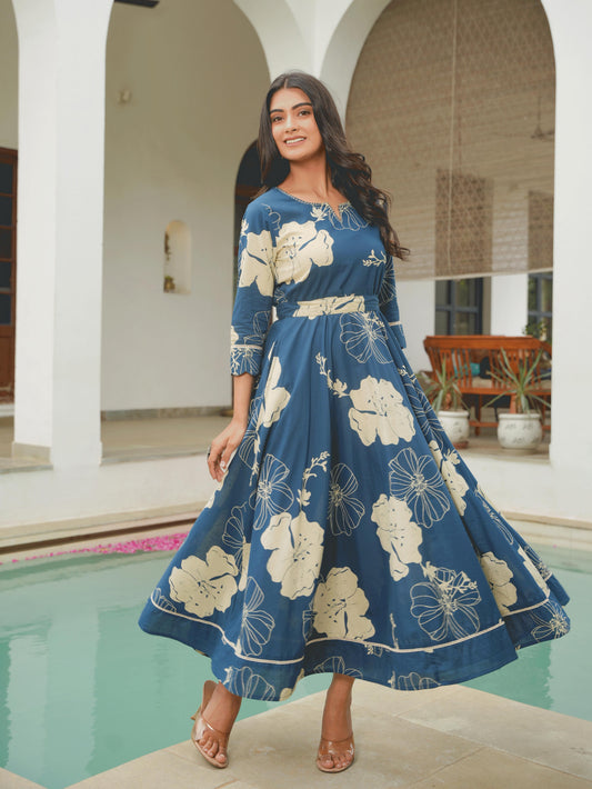 Embroidered Soft Cotton Floral Anarkali Blue Dress (With Belt)