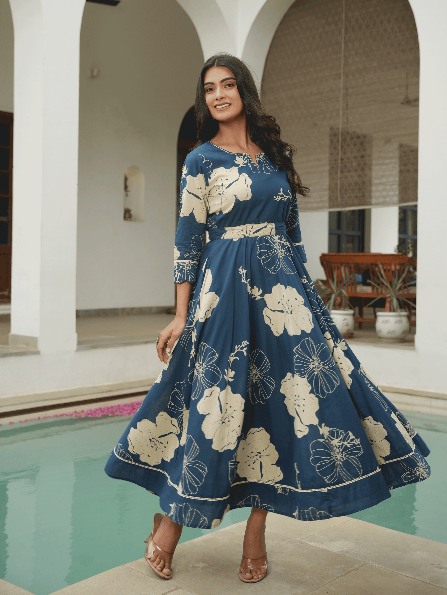 Embroidered Soft Cotton Floral Anarkali Blue Dress (With Belt)