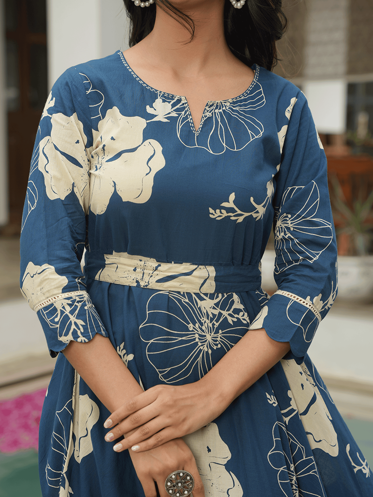 Embroidered Soft Cotton Floral Anarkali Blue Dress (With Belt)
