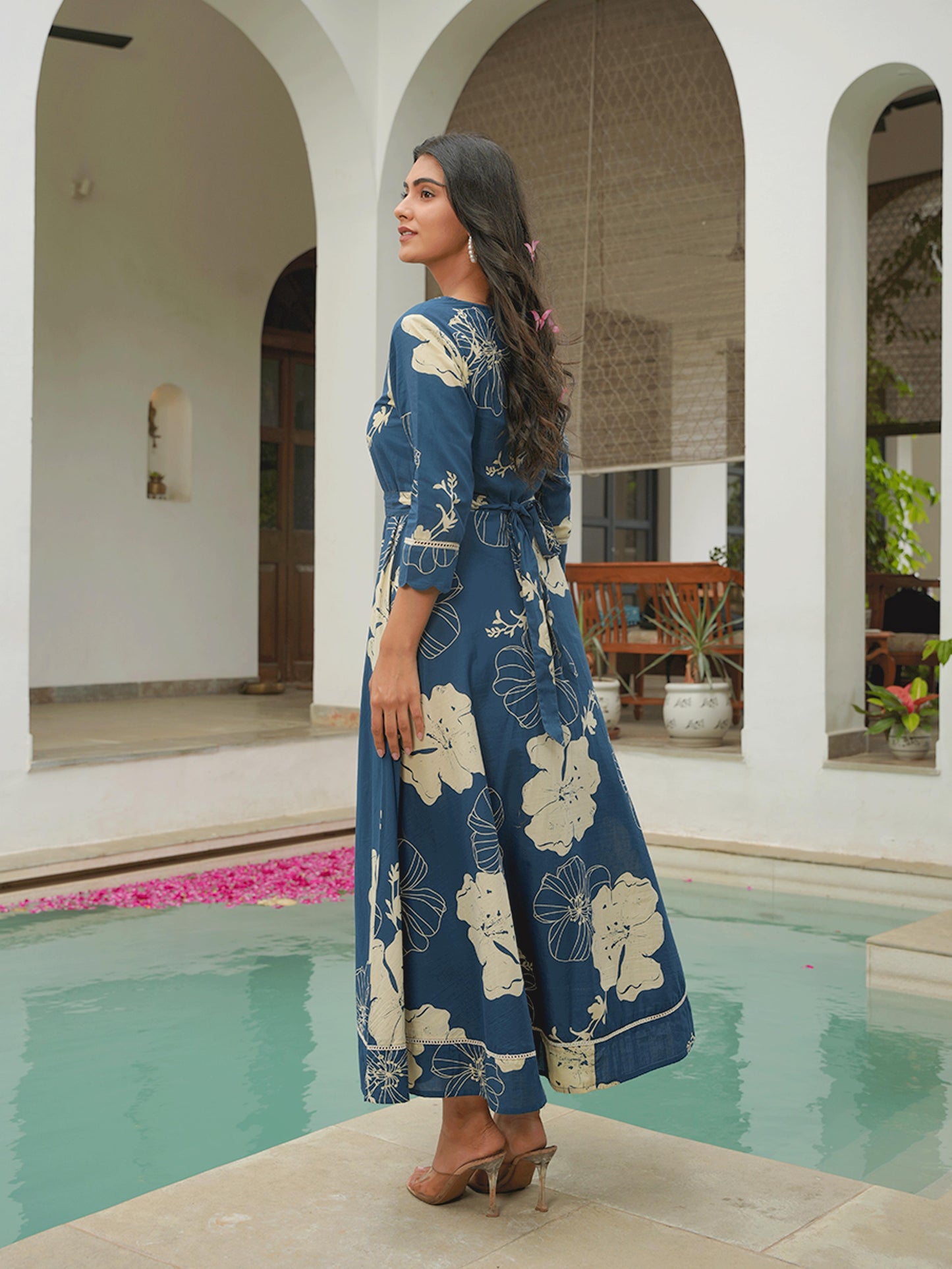 Embroidered Soft Cotton Floral Anarkali Blue Dress (With Belt)