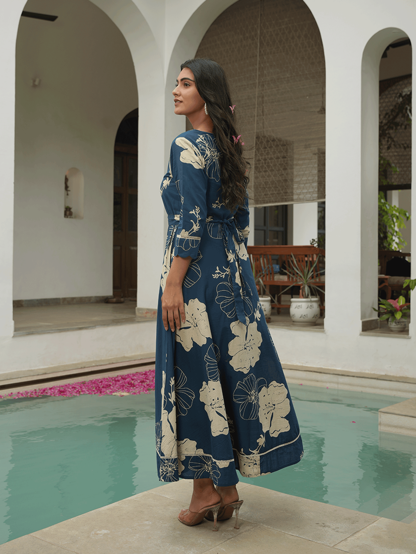Embroidered Soft Cotton Floral Anarkali Blue Dress (With Belt)