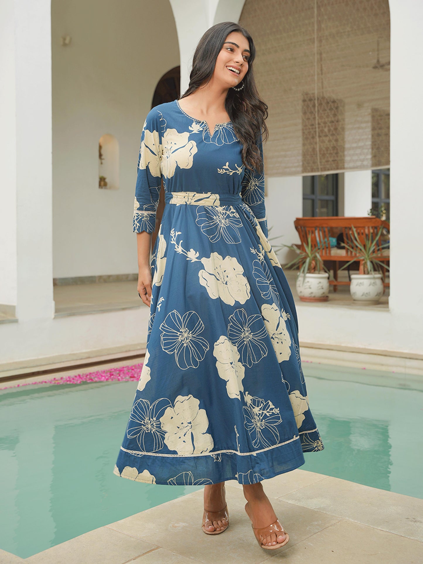 Embroidered Soft Cotton Floral Anarkali Blue Dress (With Belt)