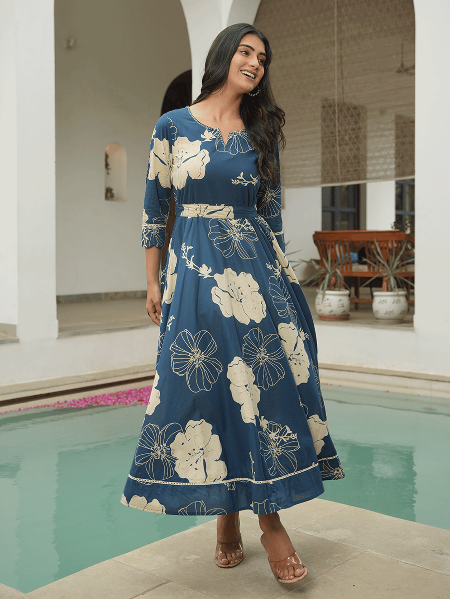 Embroidered Soft Cotton Floral Anarkali Blue Dress (With Belt)