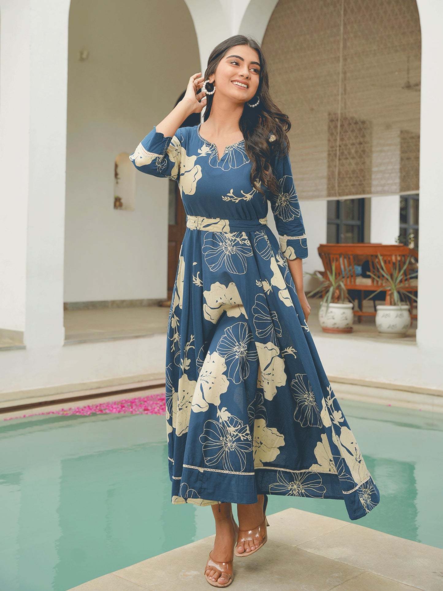 Embroidered Soft Cotton Floral Anarkali Blue Dress (With Belt)
