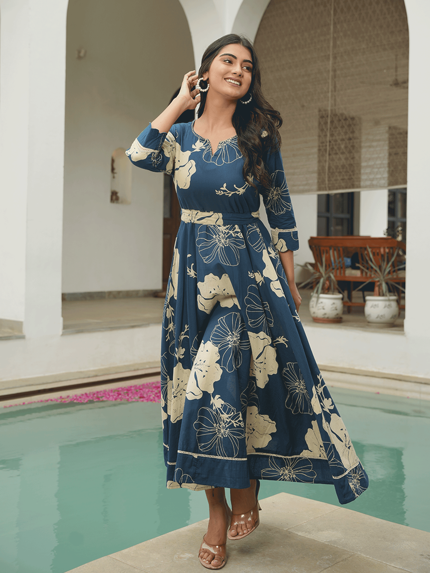 Embroidered Soft Cotton Floral Anarkali Blue Dress (With Belt)