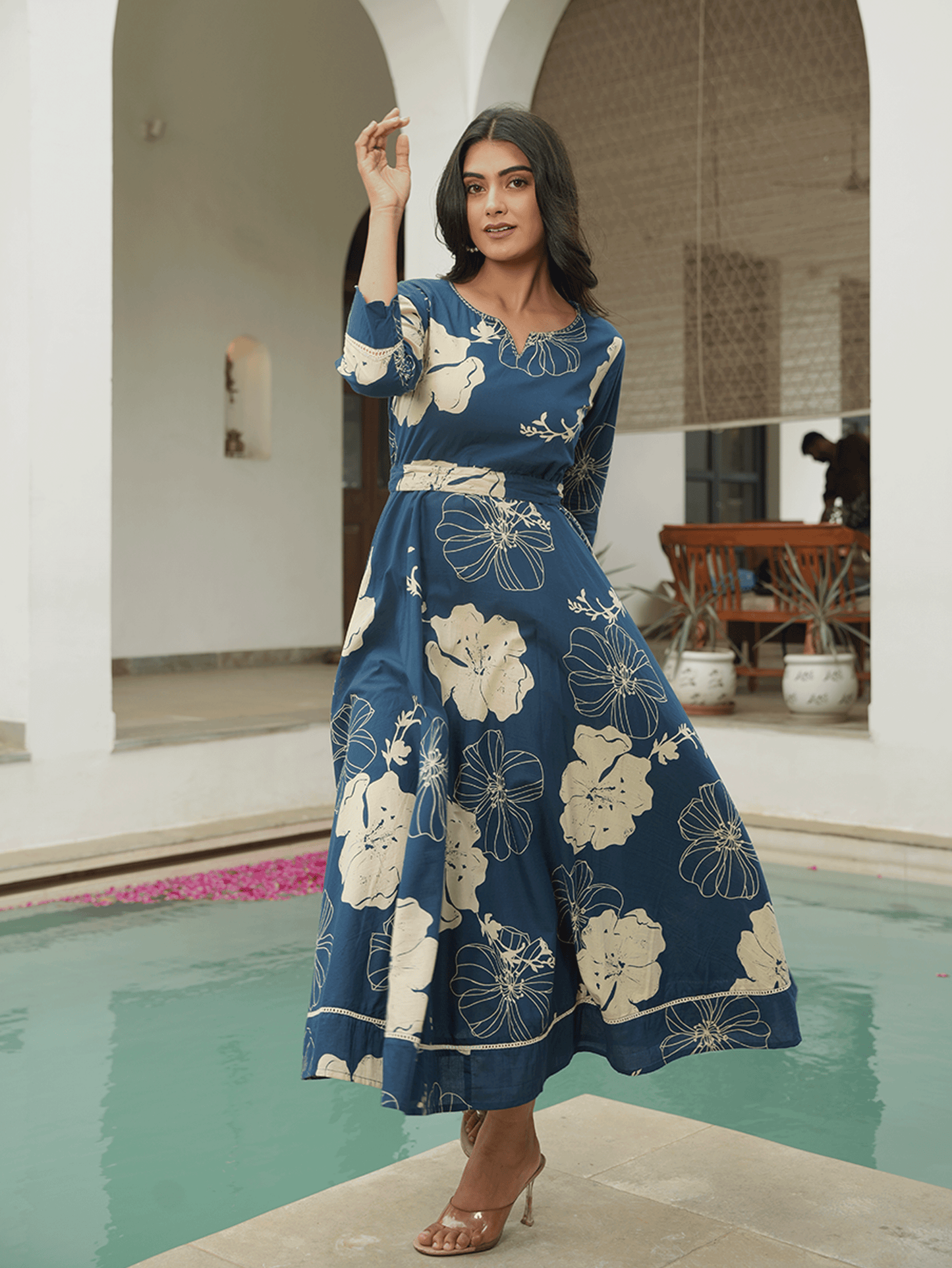 Embroidered Soft Cotton Floral Anarkali Blue Dress (With Belt)