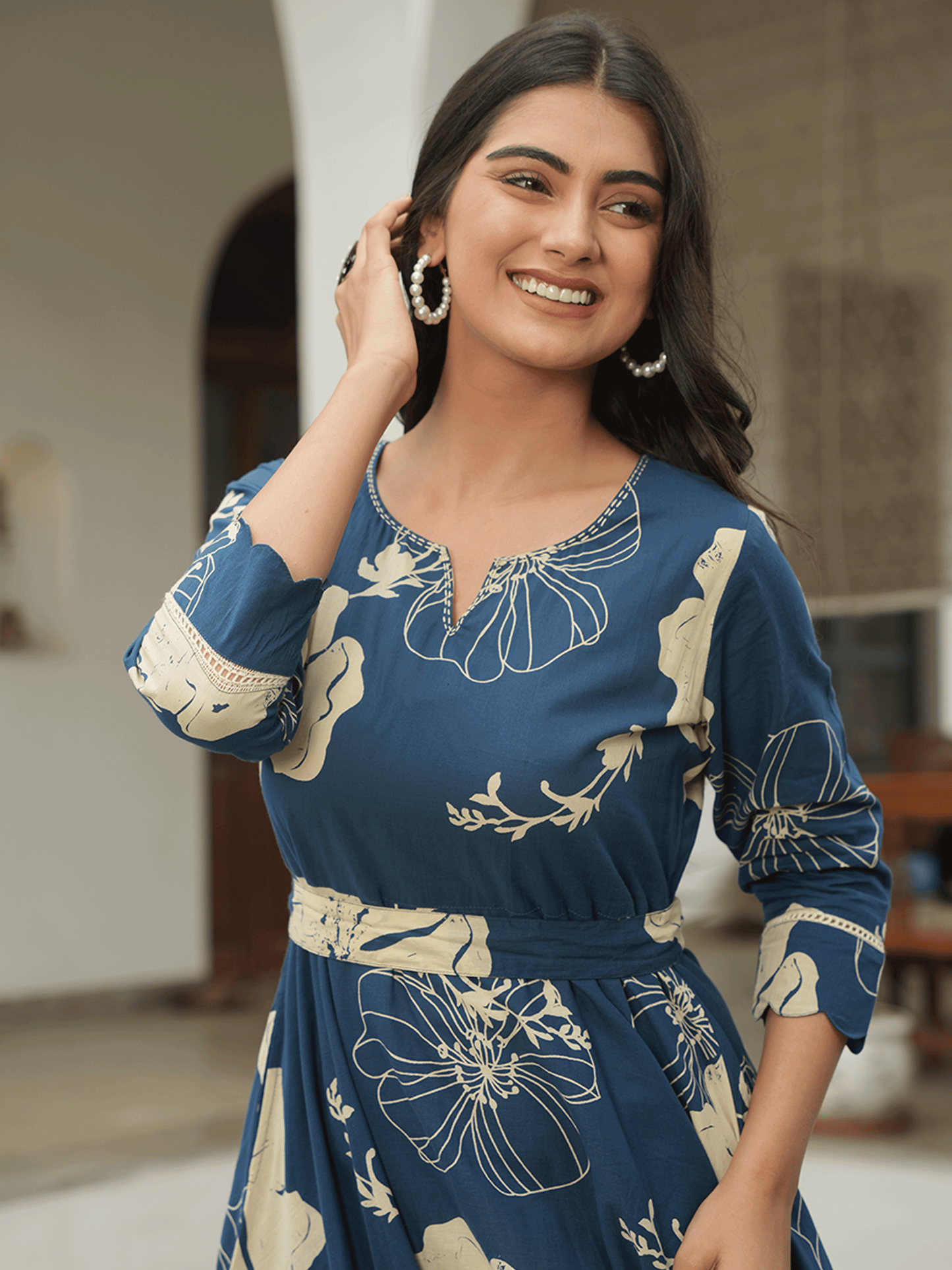 Embroidered Soft Cotton Floral Anarkali Blue Dress (With Belt)