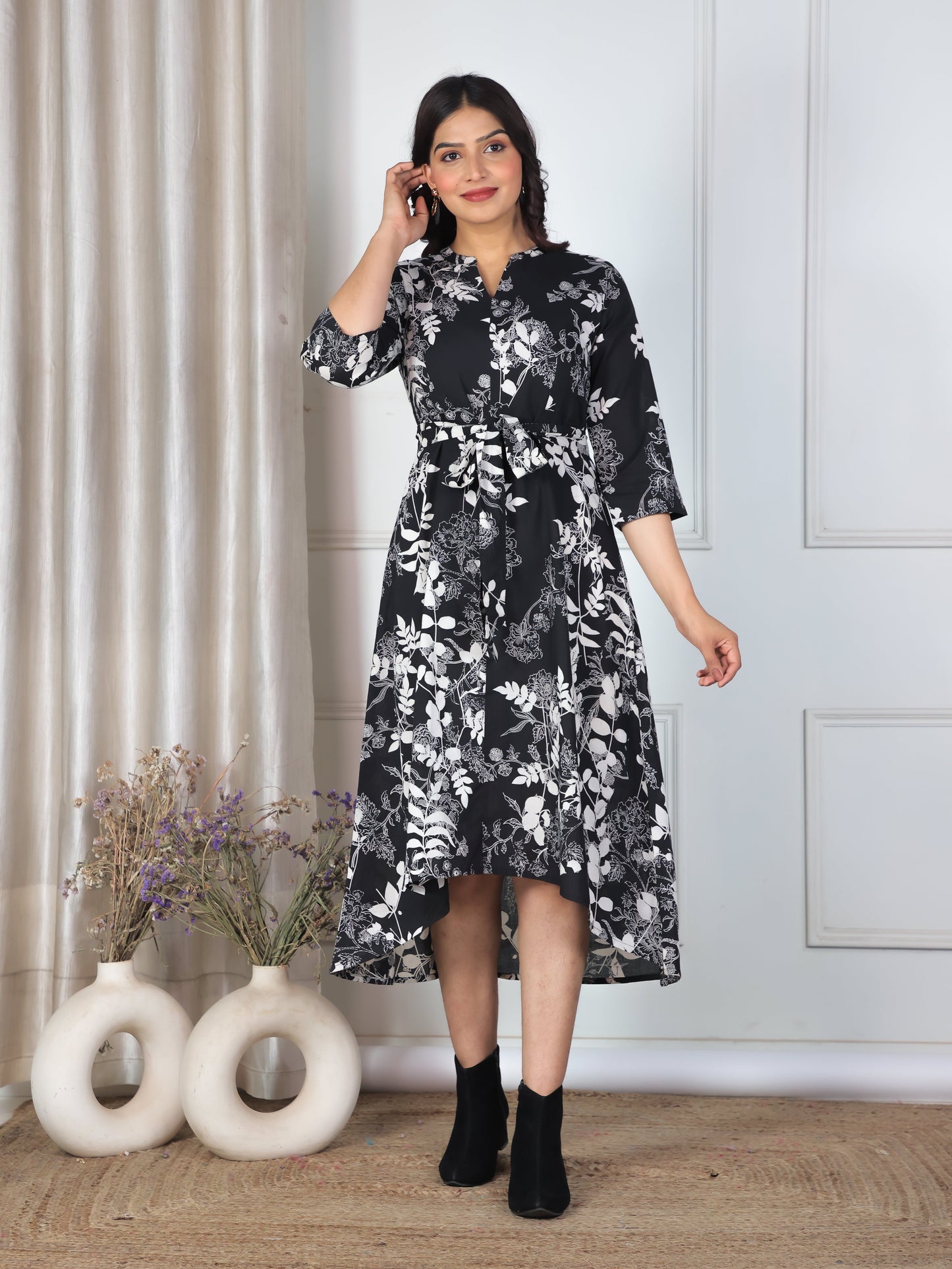 Soft Cotton Floral High Low Black Dress