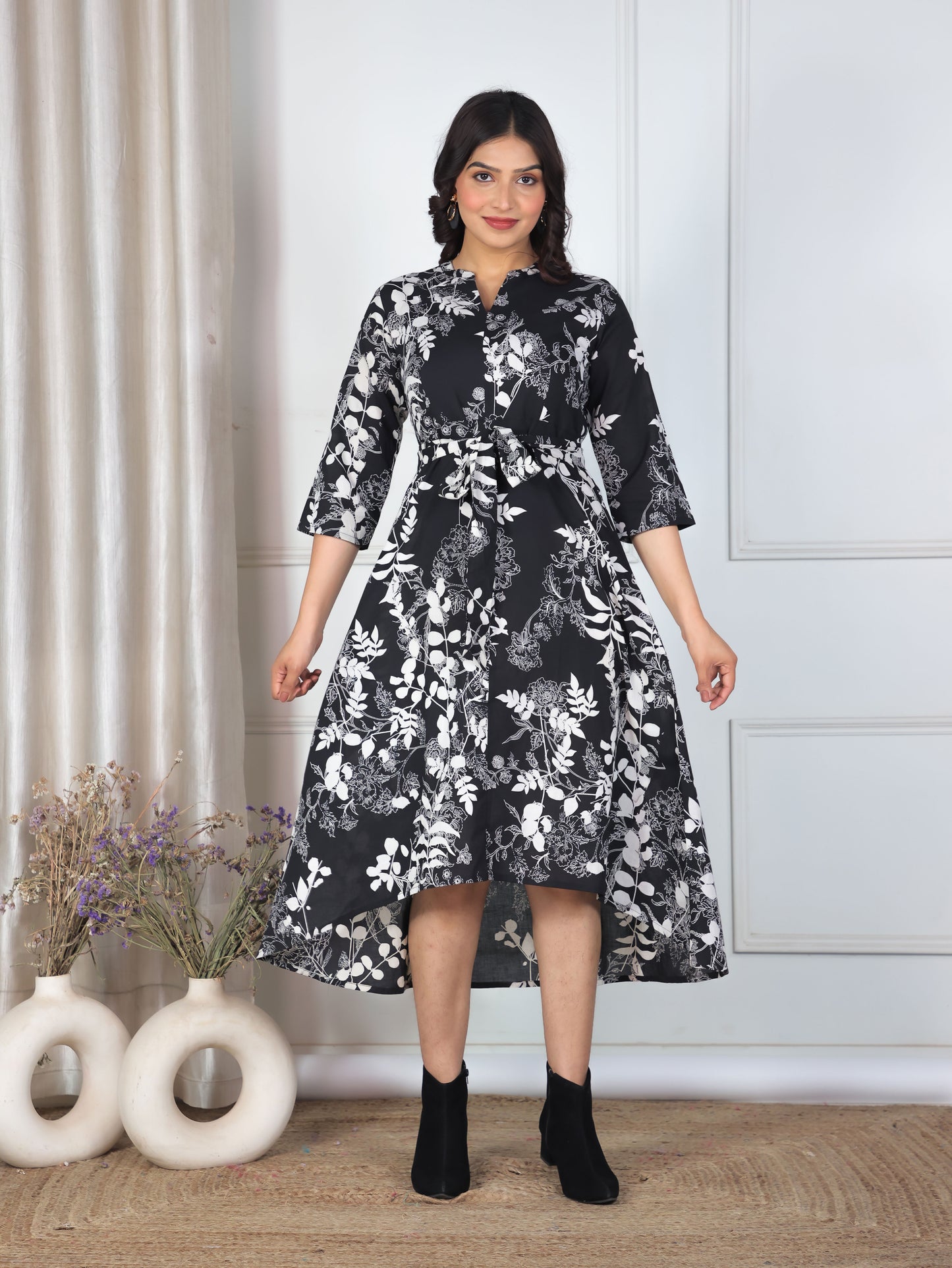 Soft Cotton Floral High Low Black Dress