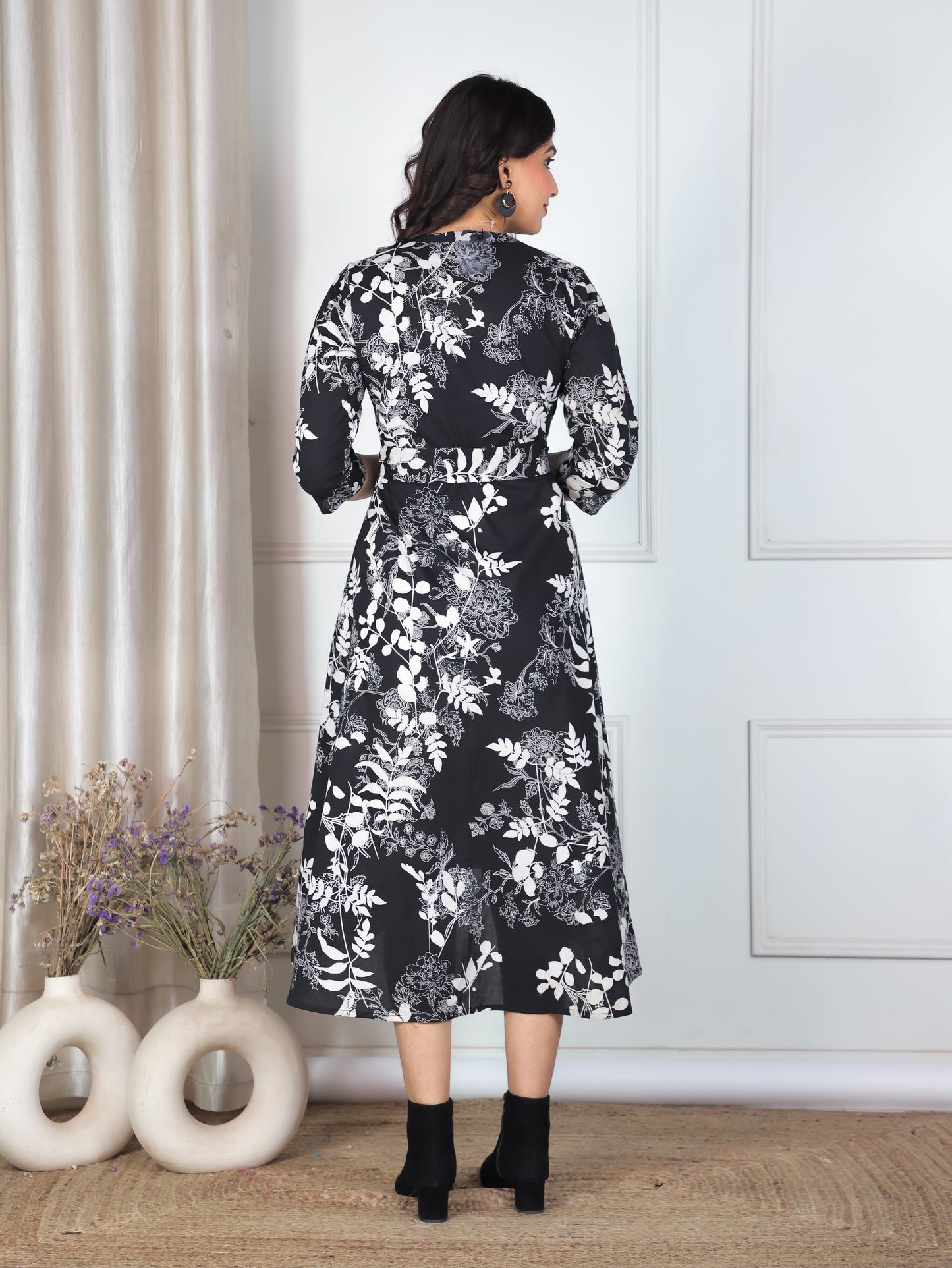 Soft Cotton Floral High Low Black Dress