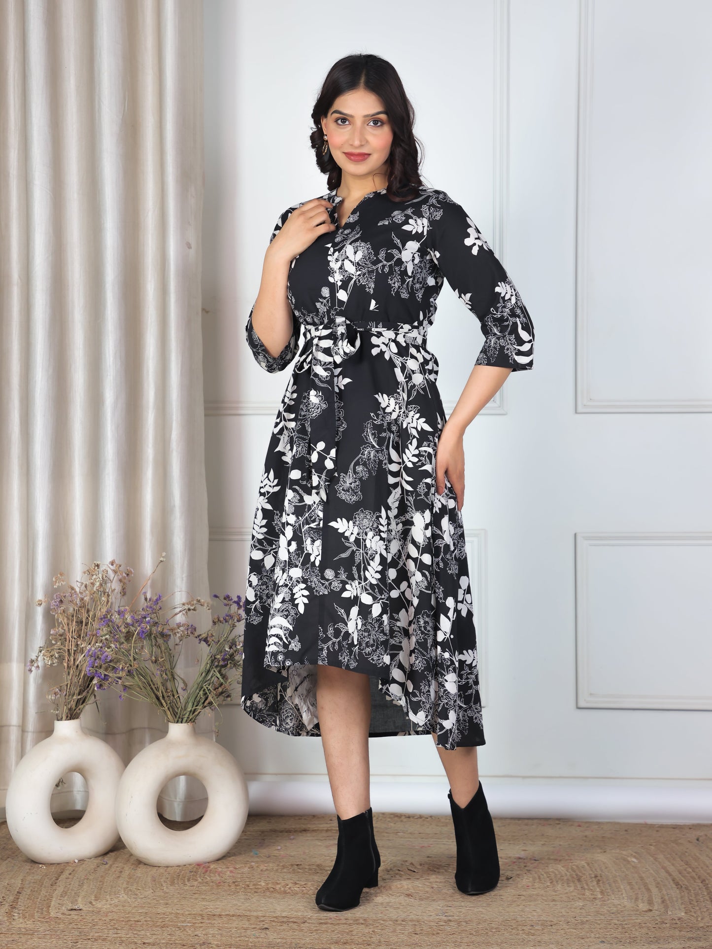 Soft Cotton Floral High Low Black Dress