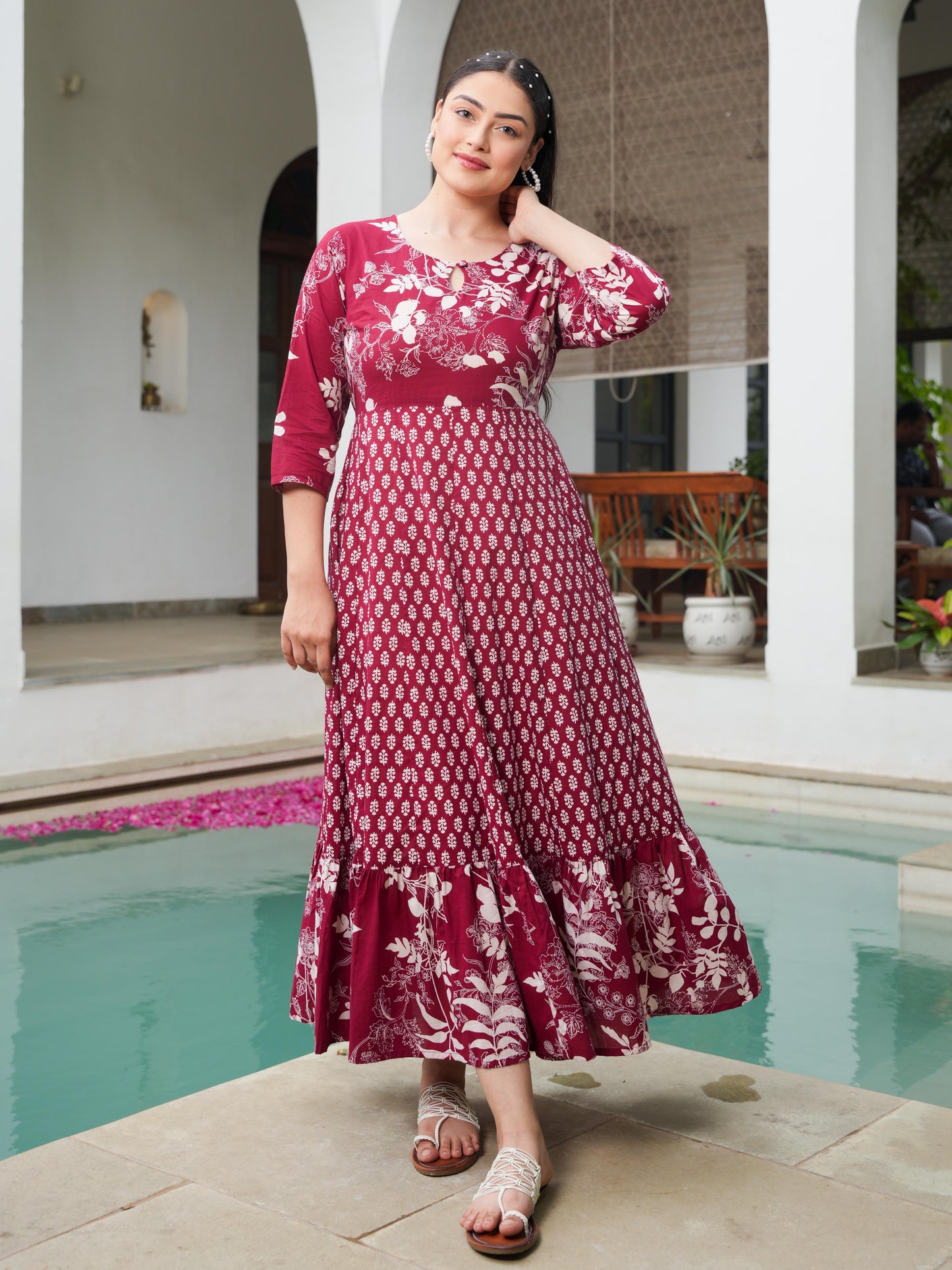Soft Cotton Floral Anarkali Maroon Dress