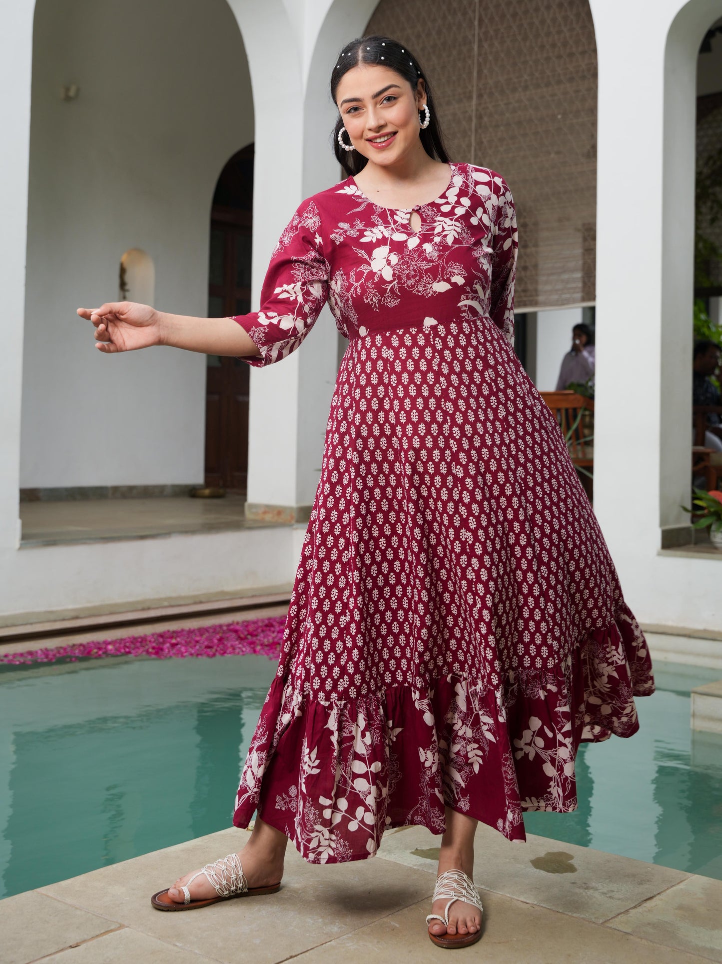 Soft Cotton Floral Anarkali Maroon Dress