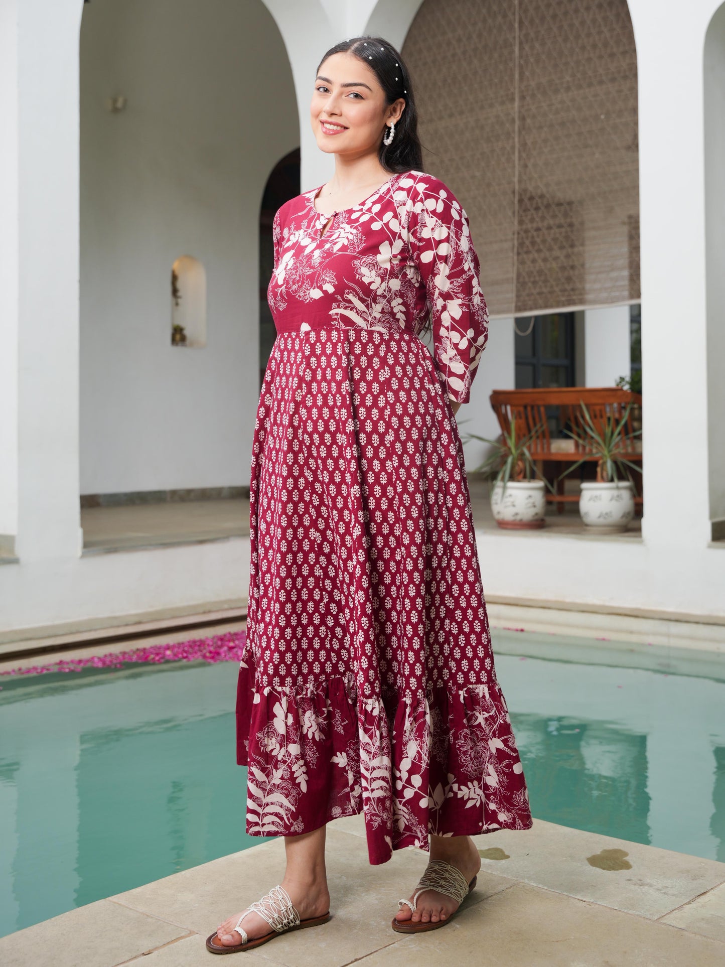 Soft Cotton Floral Anarkali Maroon Dress