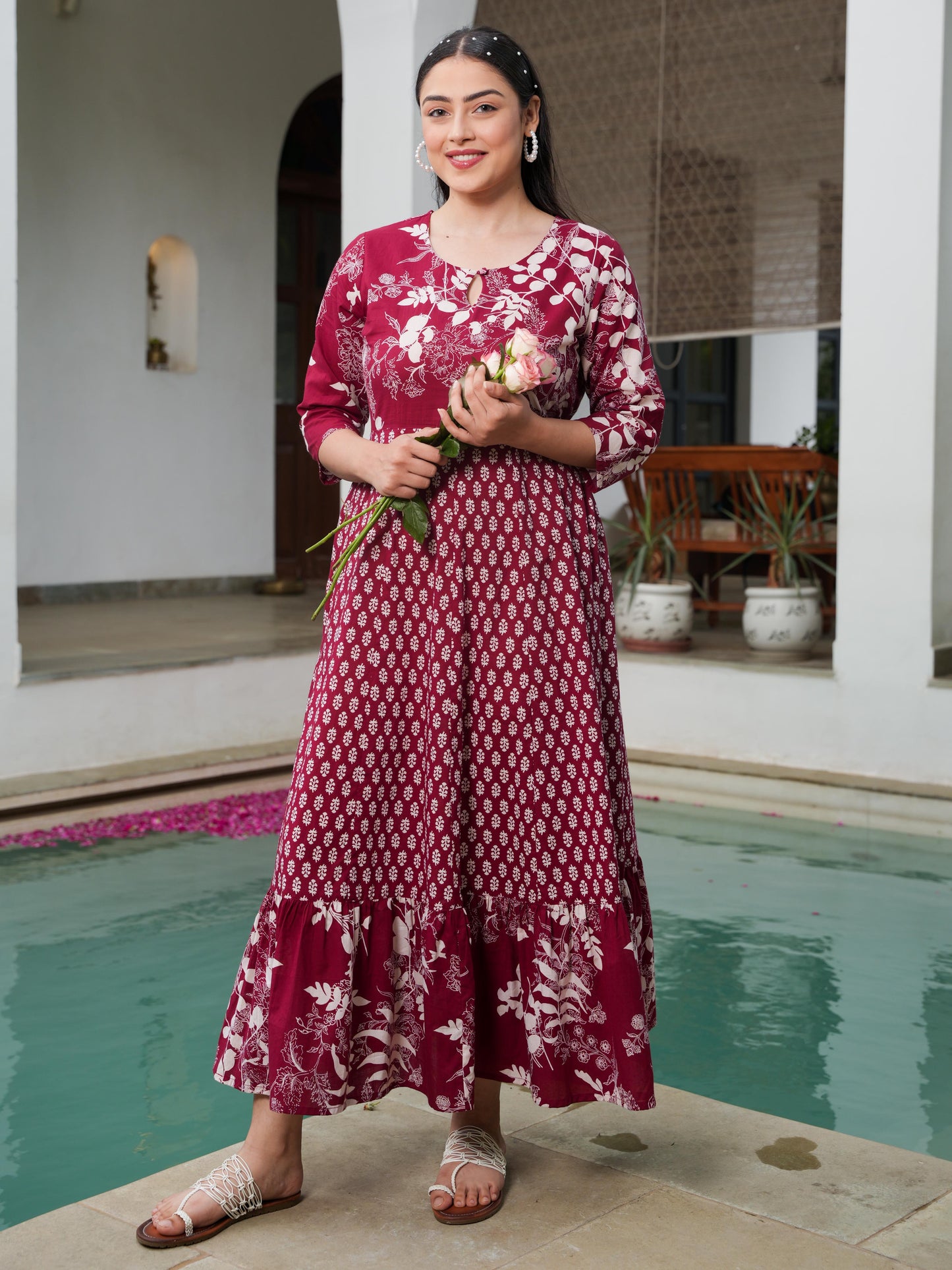 Soft Cotton Floral Anarkali Maroon Dress