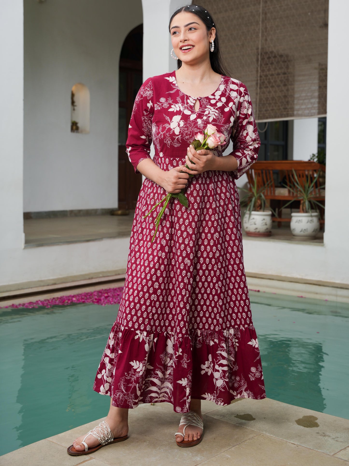 Soft Cotton Floral Anarkali Maroon Dress
