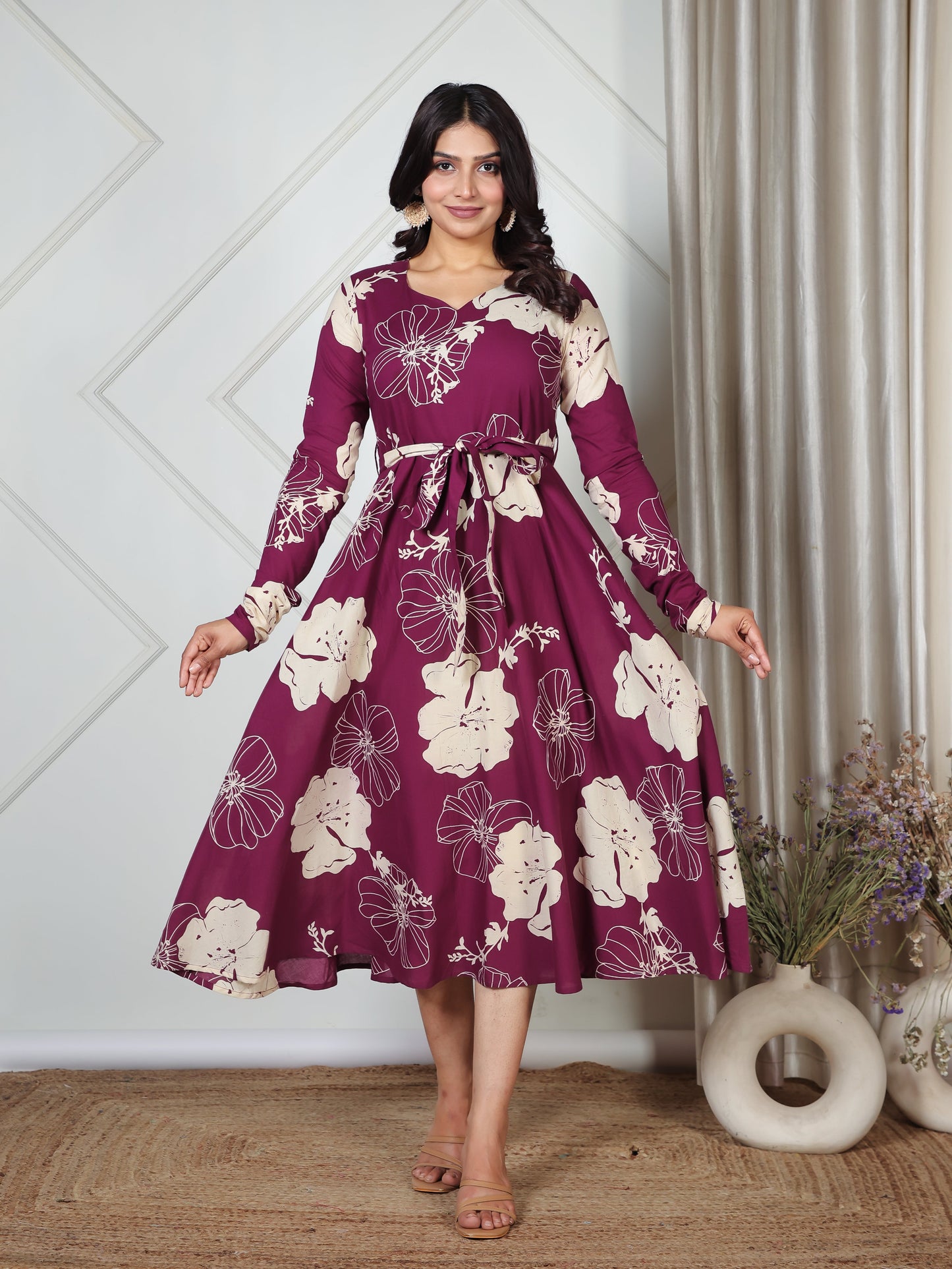 Soft Cotton Placement Print Flared Purple Dress