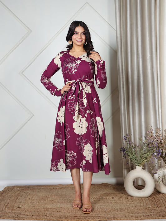 Soft Cotton Placement Print Flared Purple Dress