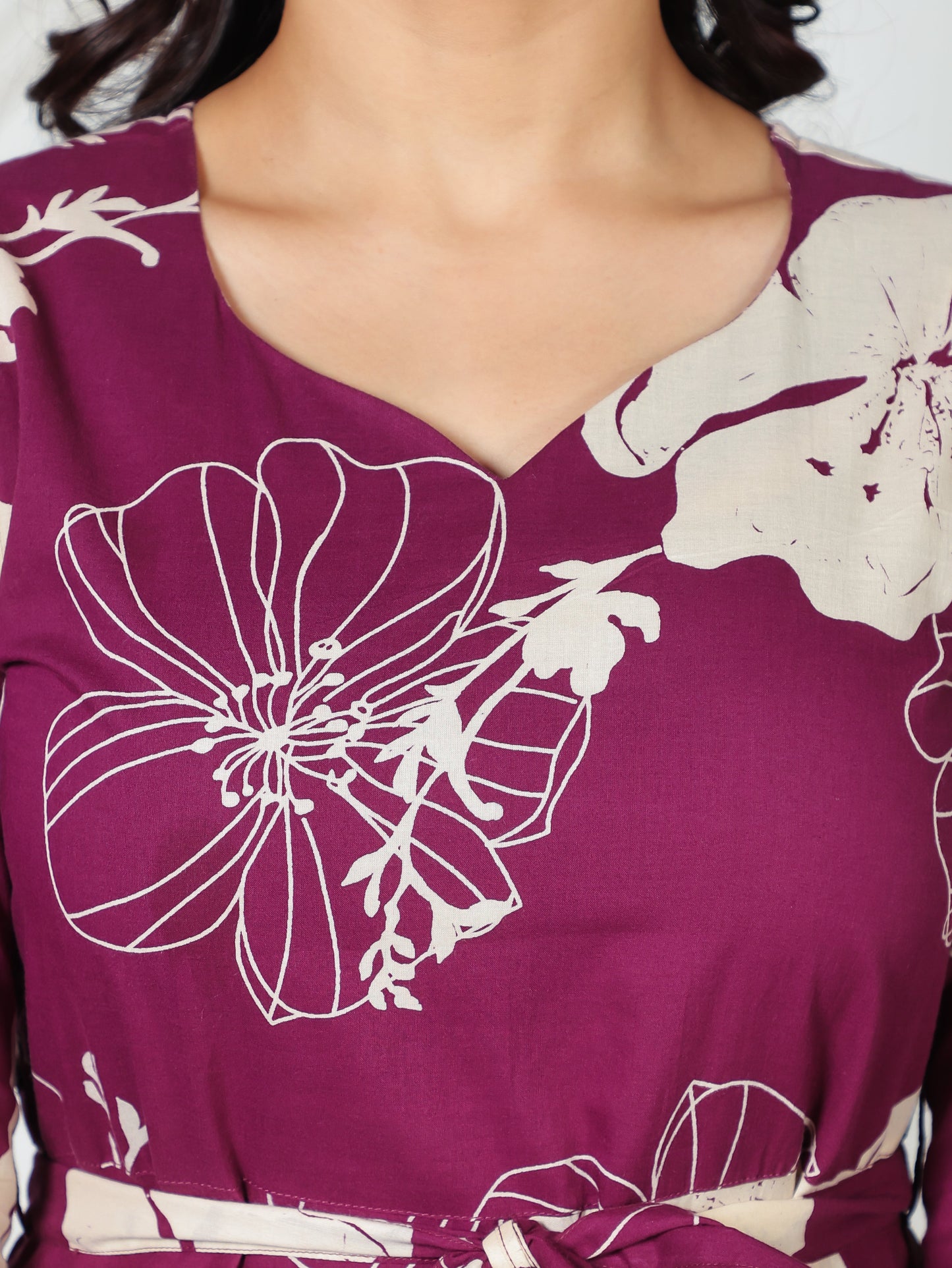 Soft Cotton Placement Print Flared Purple Dress