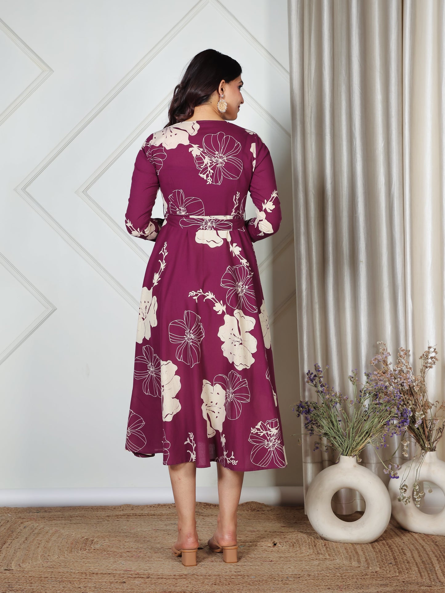 Soft Cotton Placement Print Flared Purple Dress