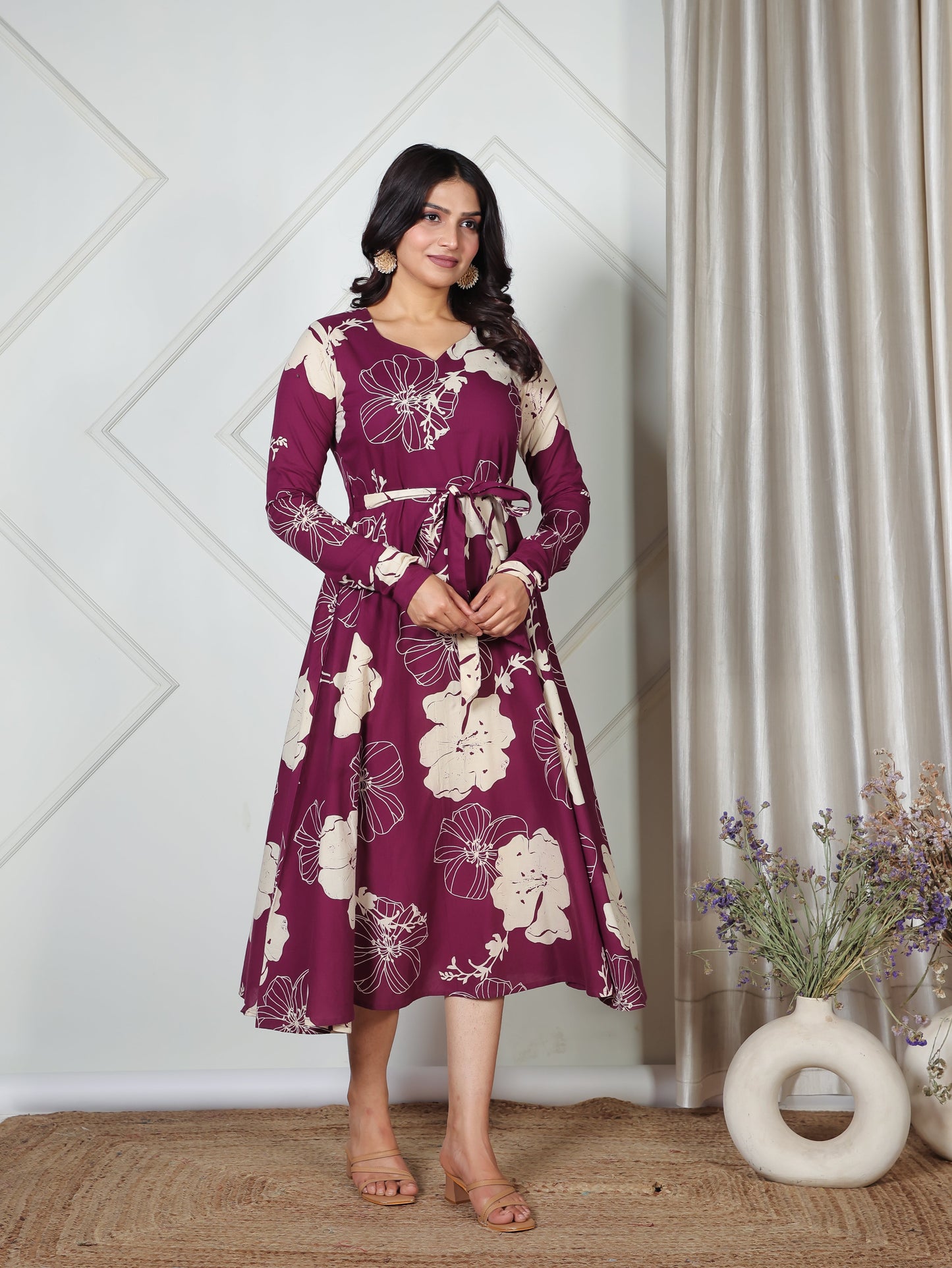 Soft Cotton Placement Print Flared Purple Dress