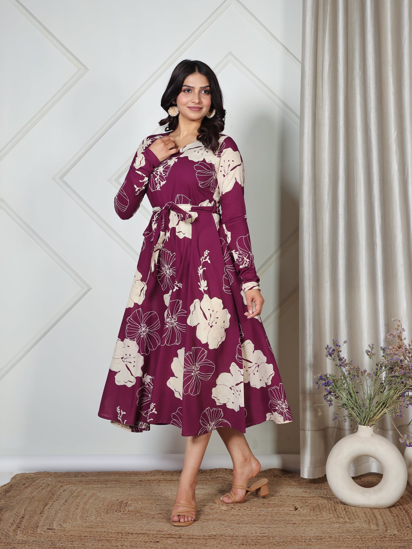 Soft Cotton Placement Print Flared Purple Dress