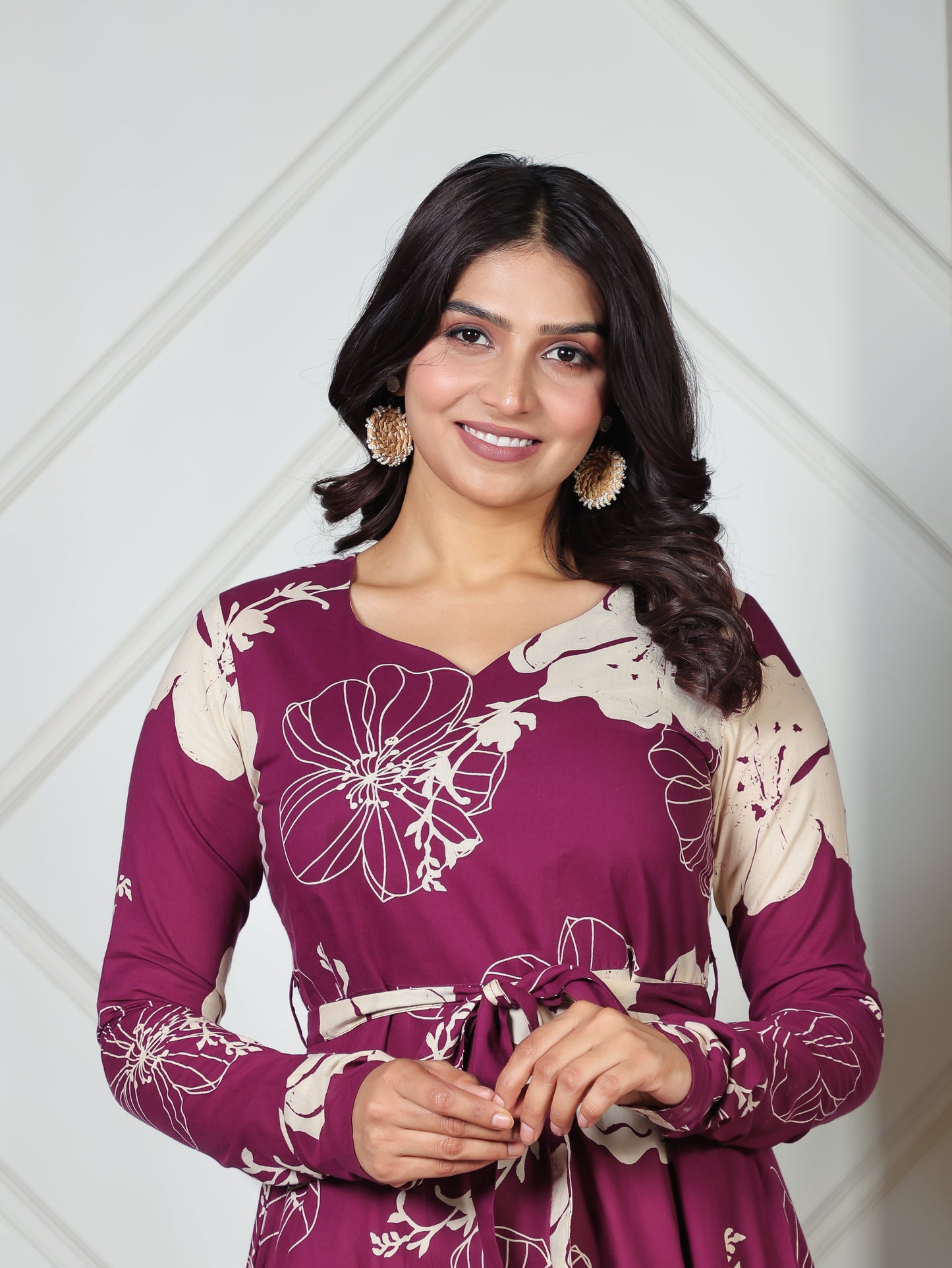 Soft Cotton Placement Print Flared Purple Dress