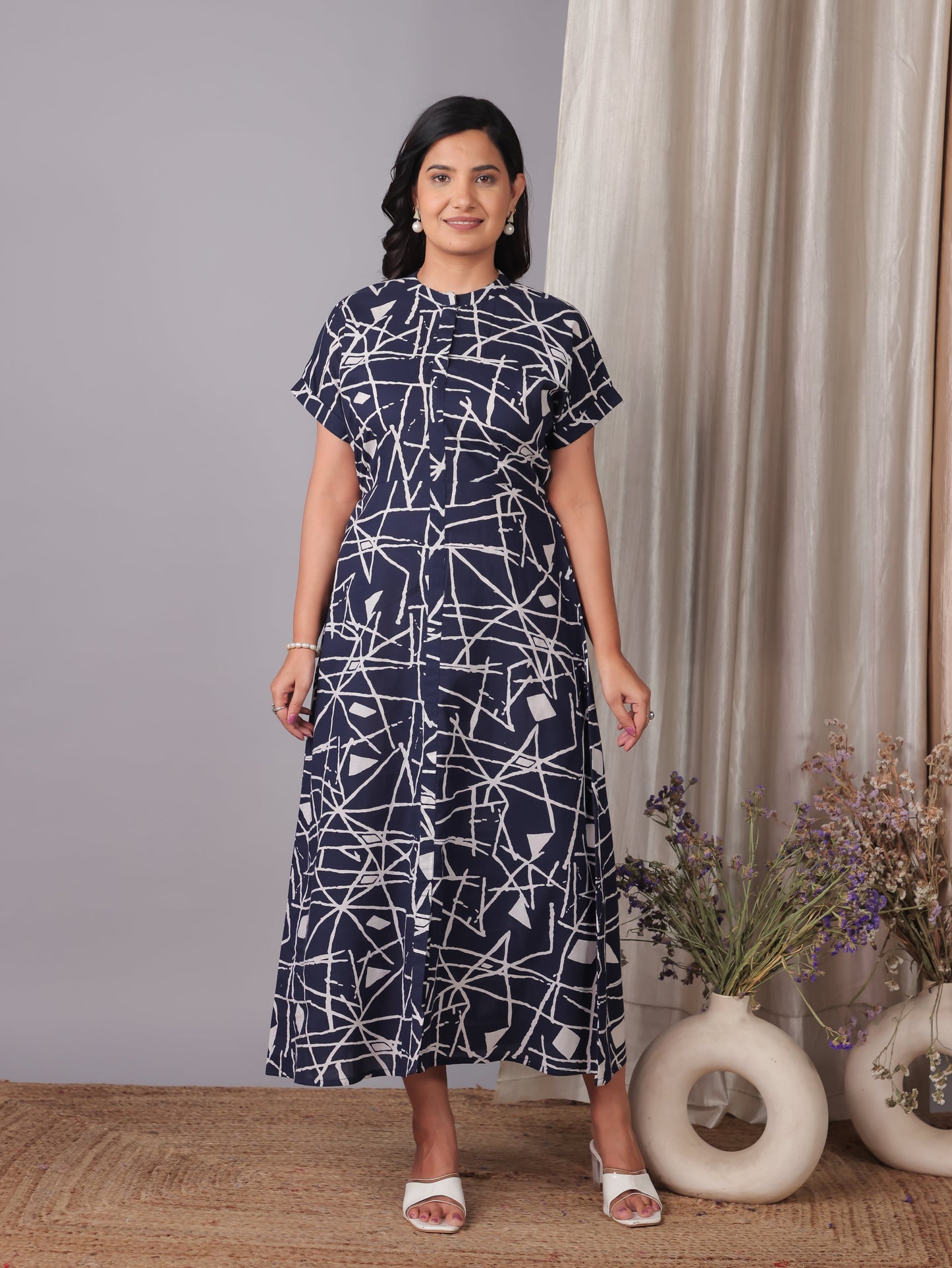 Soft Cotton Abstract A-line Blue Dress