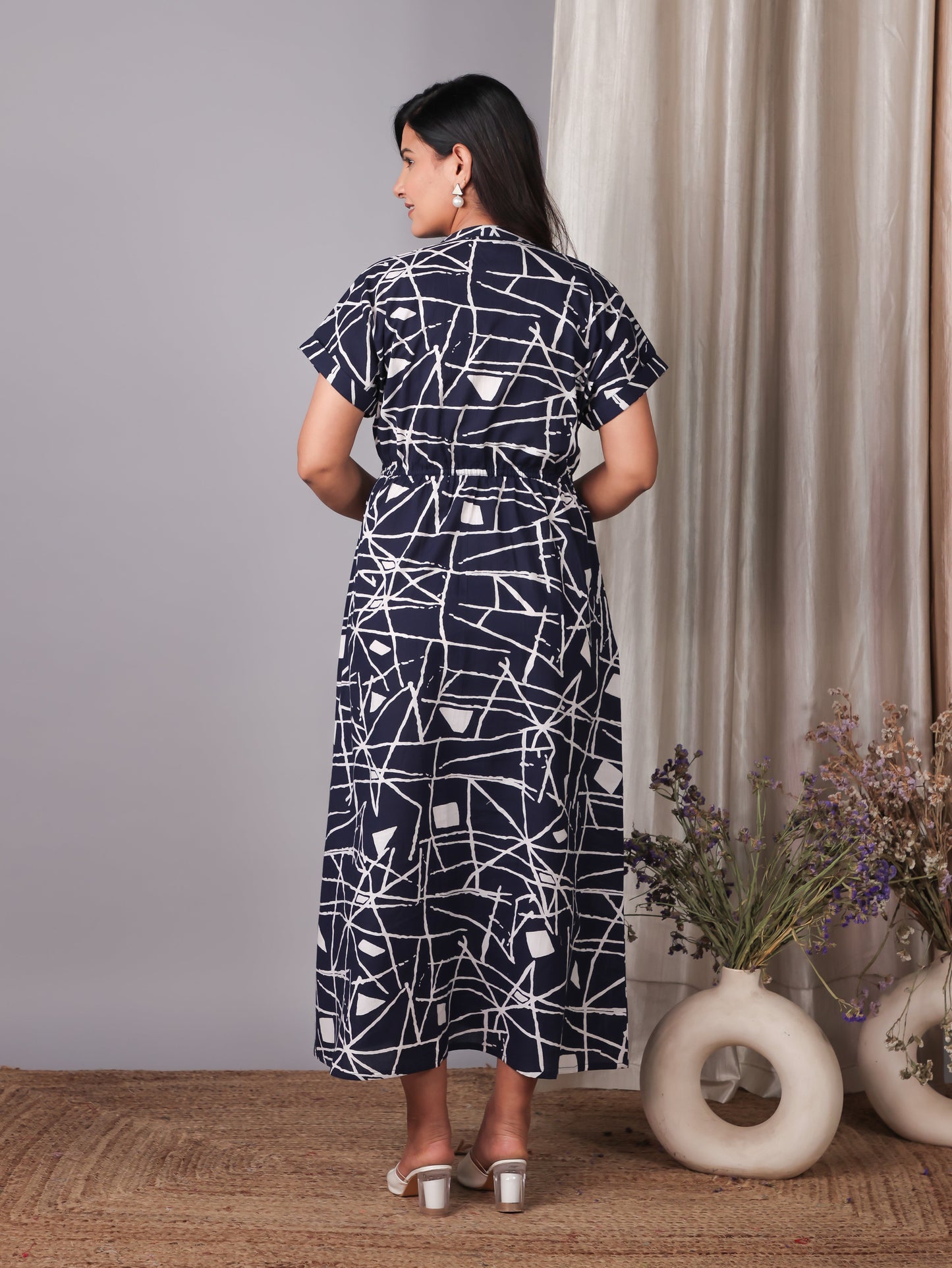 Soft Cotton Abstract A-line Blue Dress