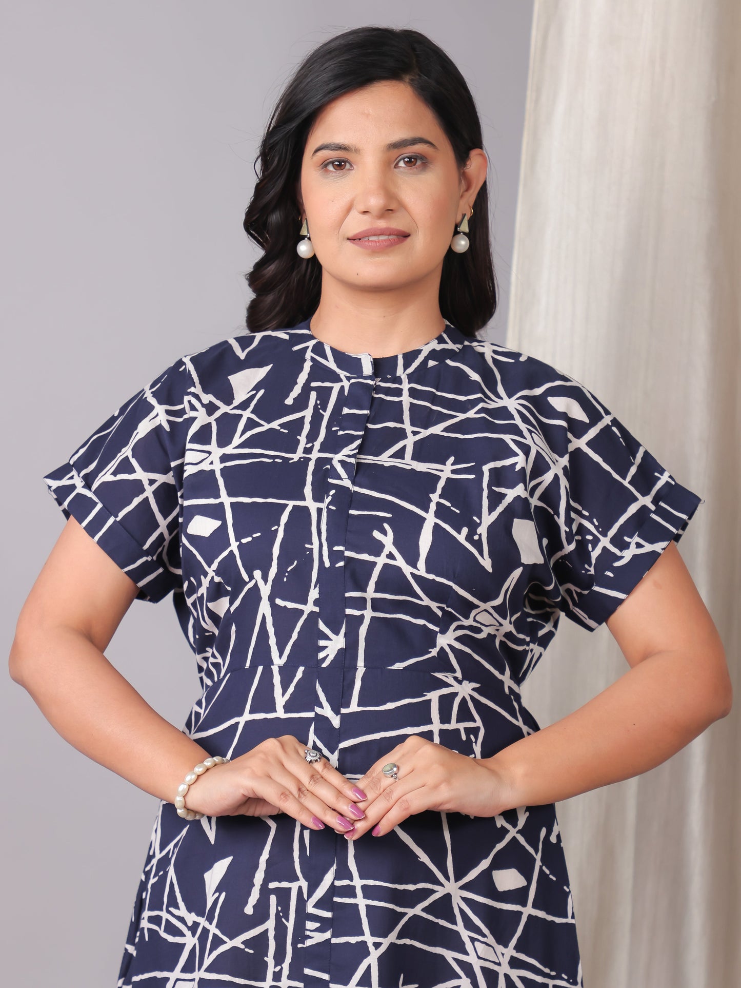 Soft Cotton Abstract A-line Blue Dress