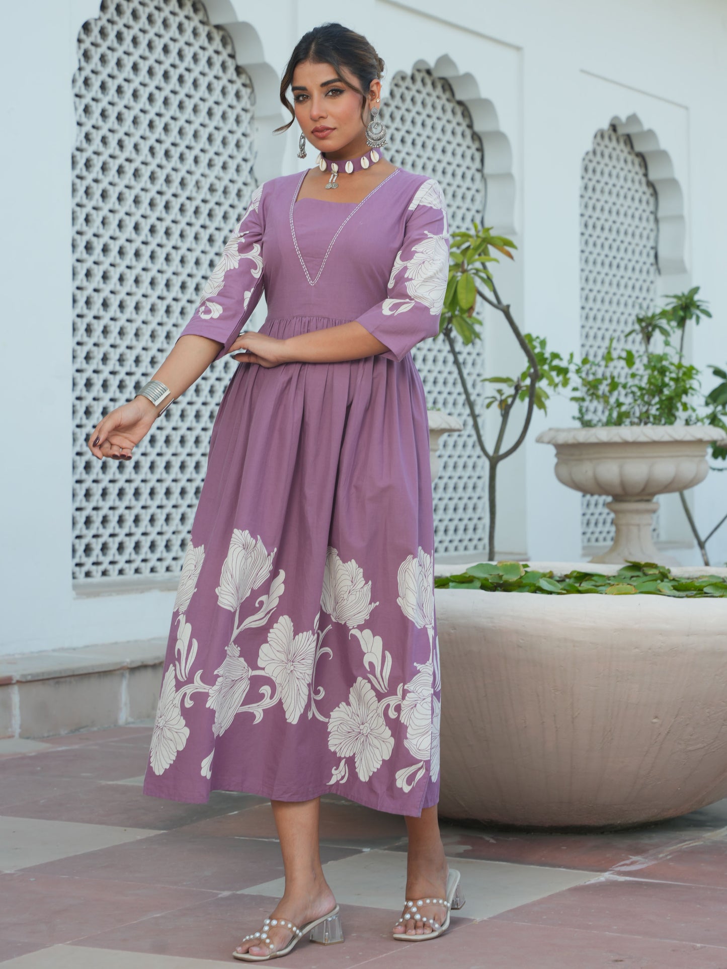 Soft Cotton Placement Print Flared Purple Dress (With Necklace)